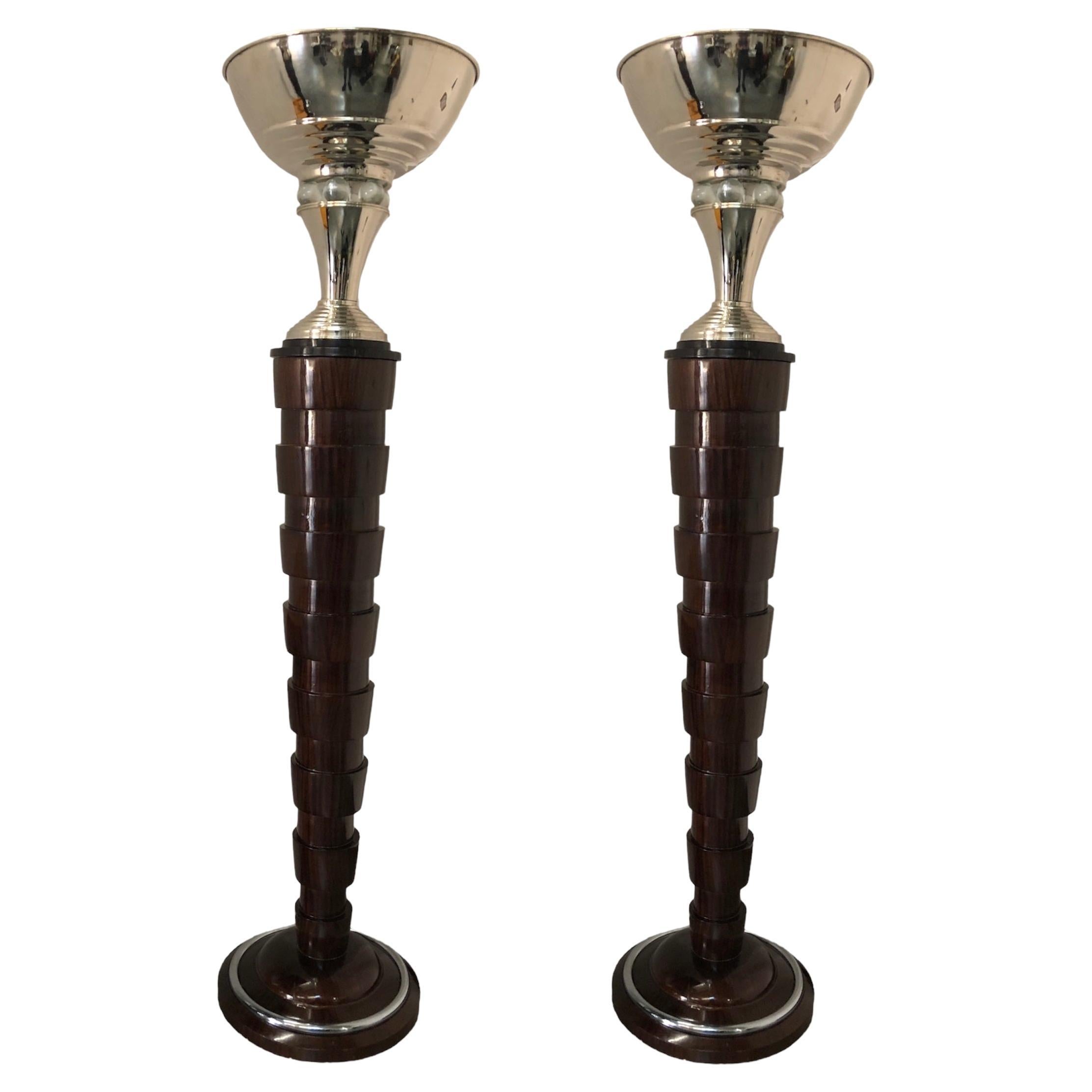 Pair of Art Deco Floor Lamps, France, Materials: Wood and Chrome, 1930 For Sale