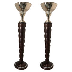 Vintage Pair of Art Deco Floor Lamps, France, Materials: Wood and Chrome, 1930