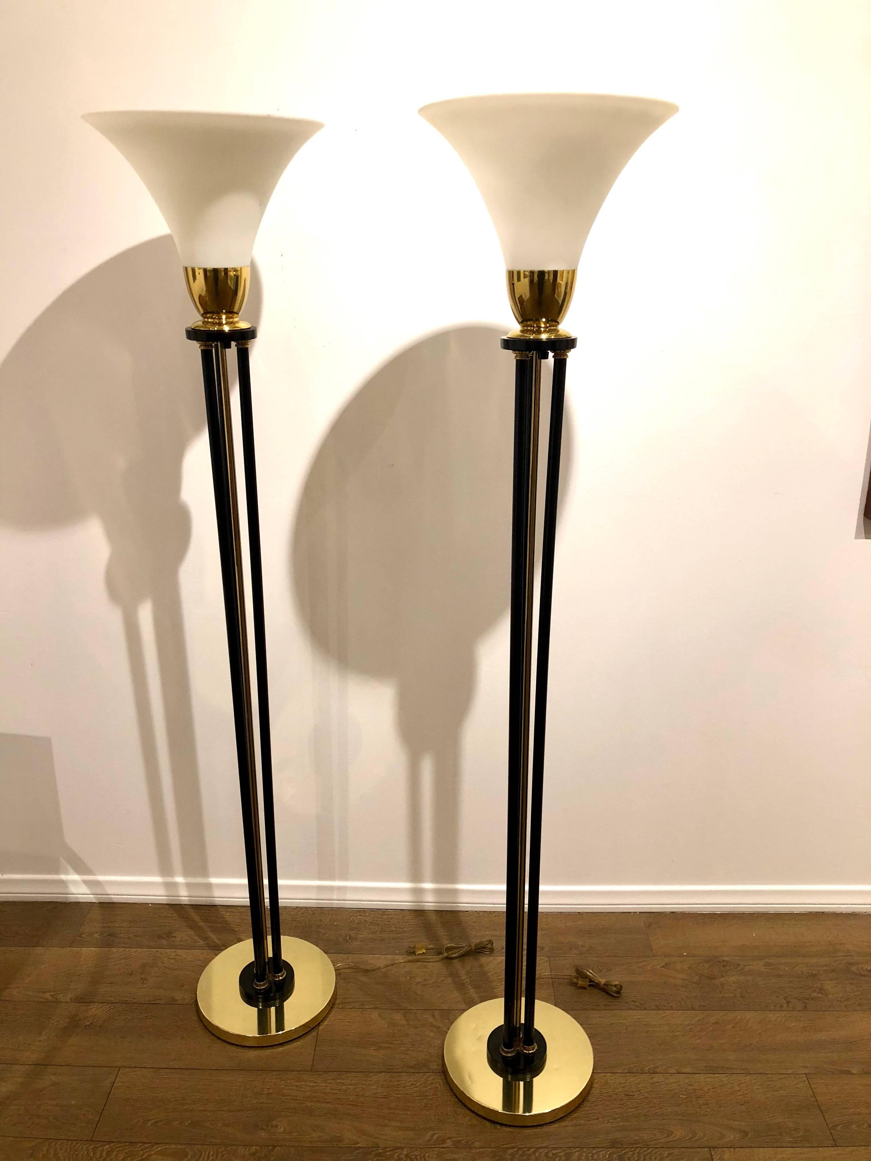 American Pair of Art Deco Floor Lamps in Brass, Metal and Trumpet Glass Shape