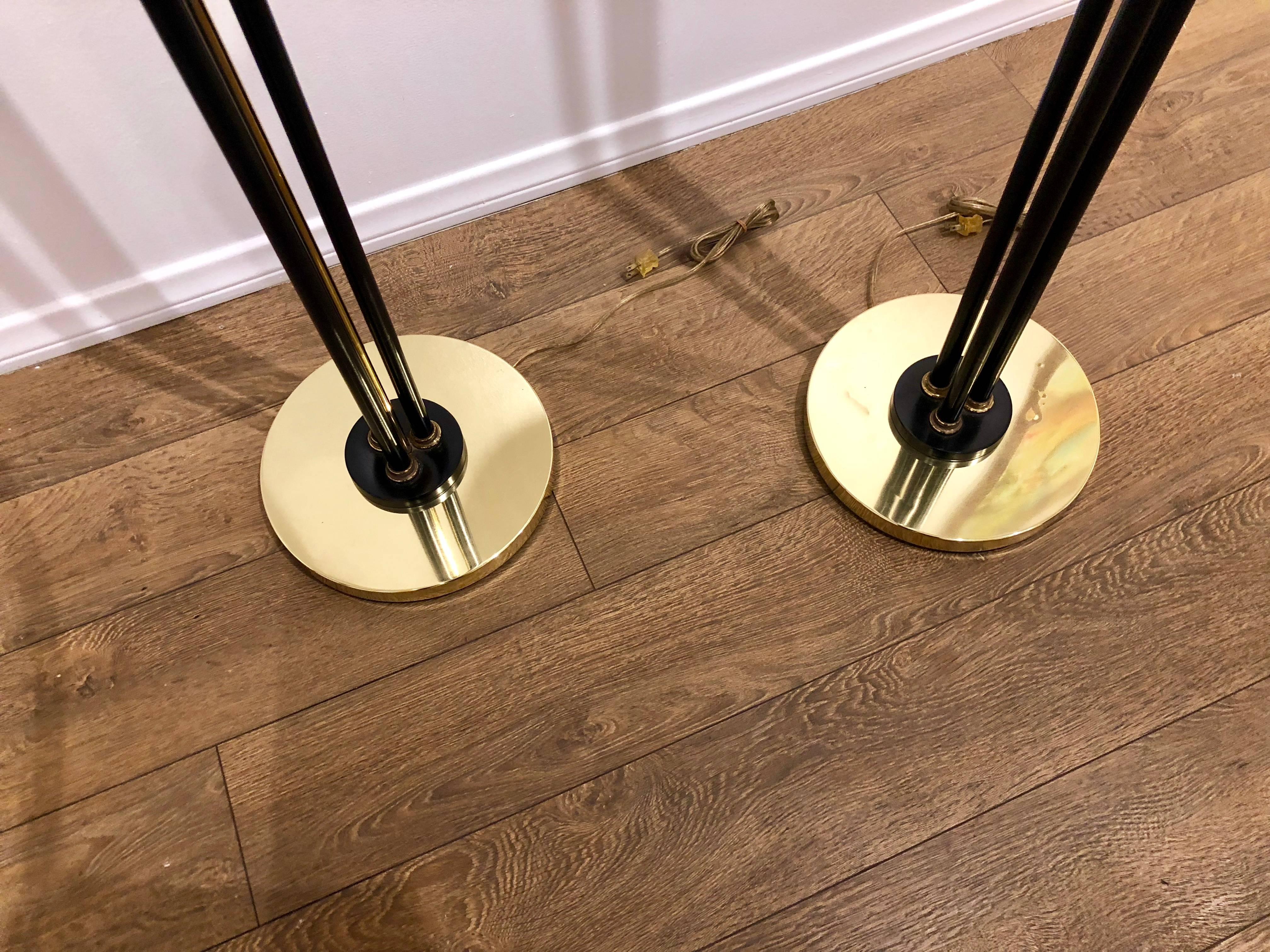 Pair of Art Deco Floor Lamps in Brass, Metal and Trumpet Glass Shape 1