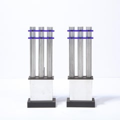 Pair of Art Deco Fluted Chrome & Cobalt Blue Glass Andirons by Donald Deskey