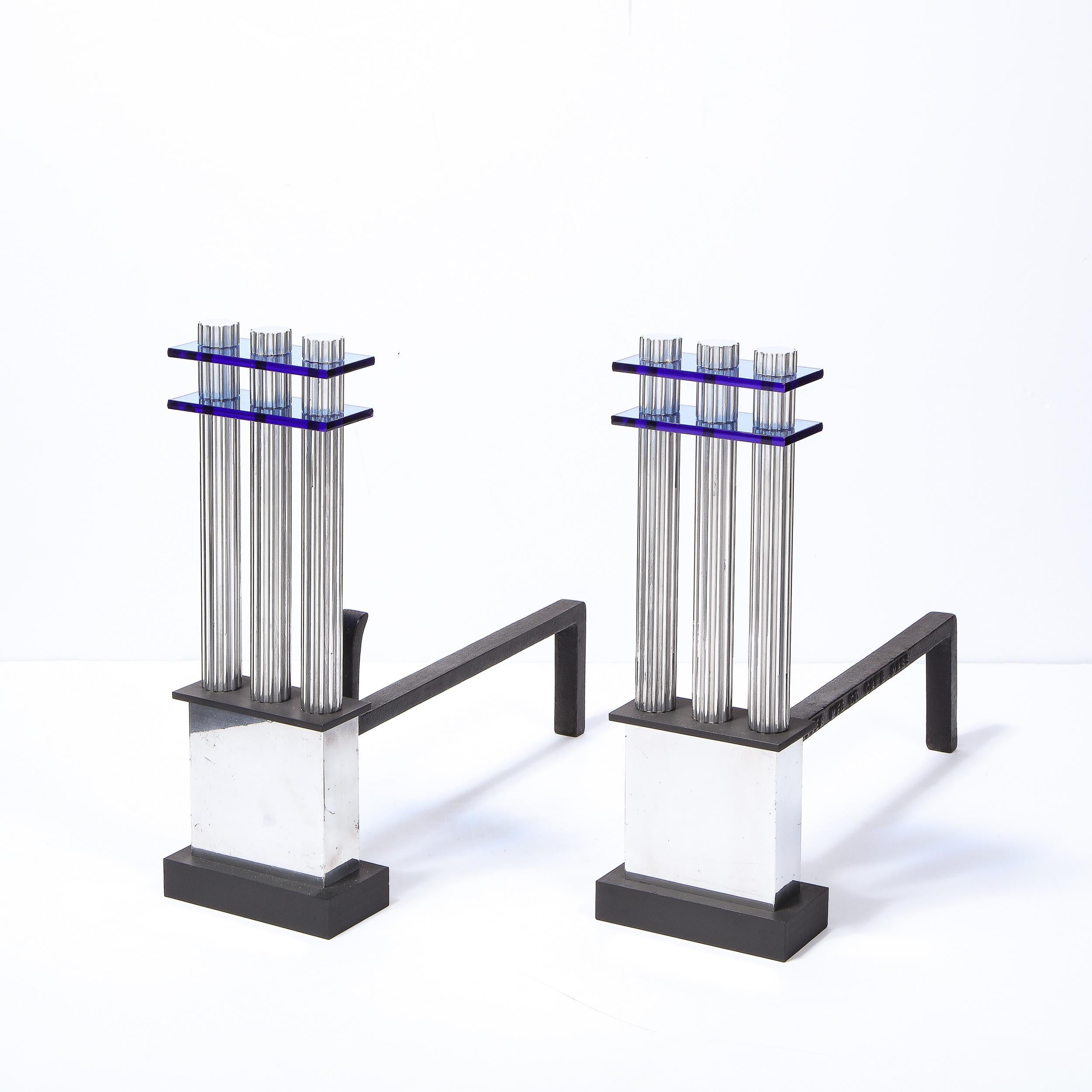 Mid-20th Century Pair of Art Deco Fluted Chrome & Cobalt Blue Glass Andirons by Donald Deskey