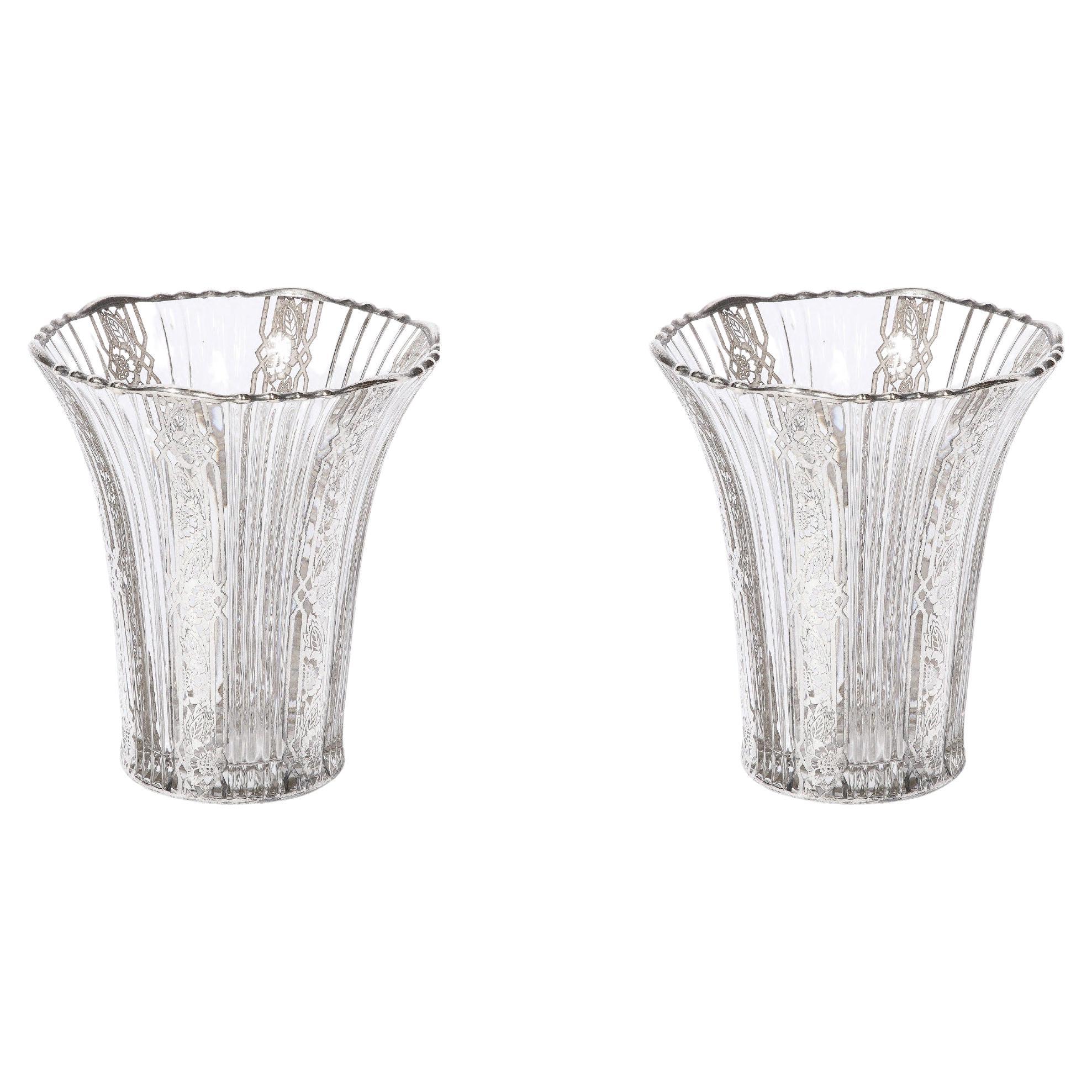Pair of Art Deco Fluted Vases w/ Cubist  Sterling Silver Overlay