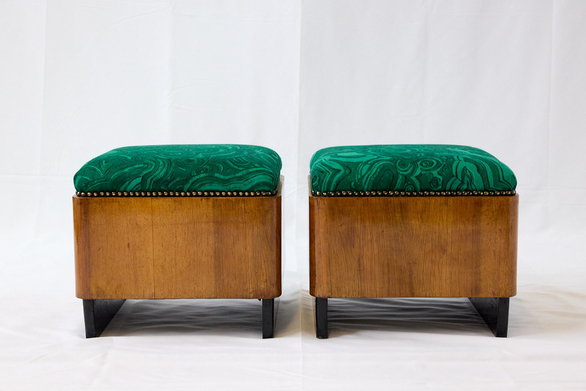 Italian Pair of Art Deco Foot Stools of Walnut in Malachite Fabric, c1930s