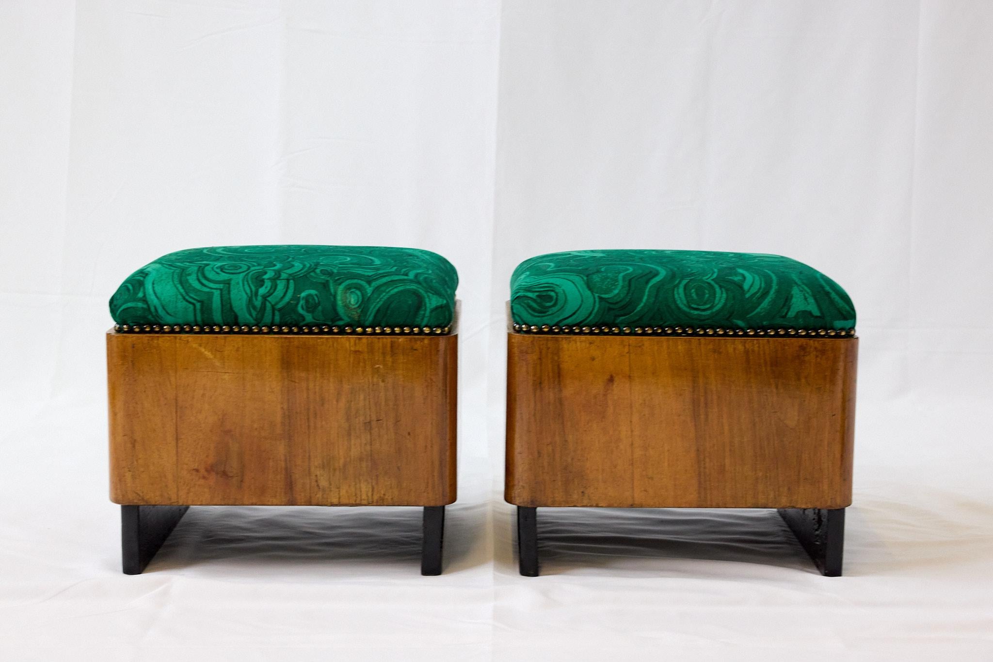 Pair of Art Deco Foot Stools of Walnut in Malachite Fabric, c1930s In Good Condition In Atlanta, GA