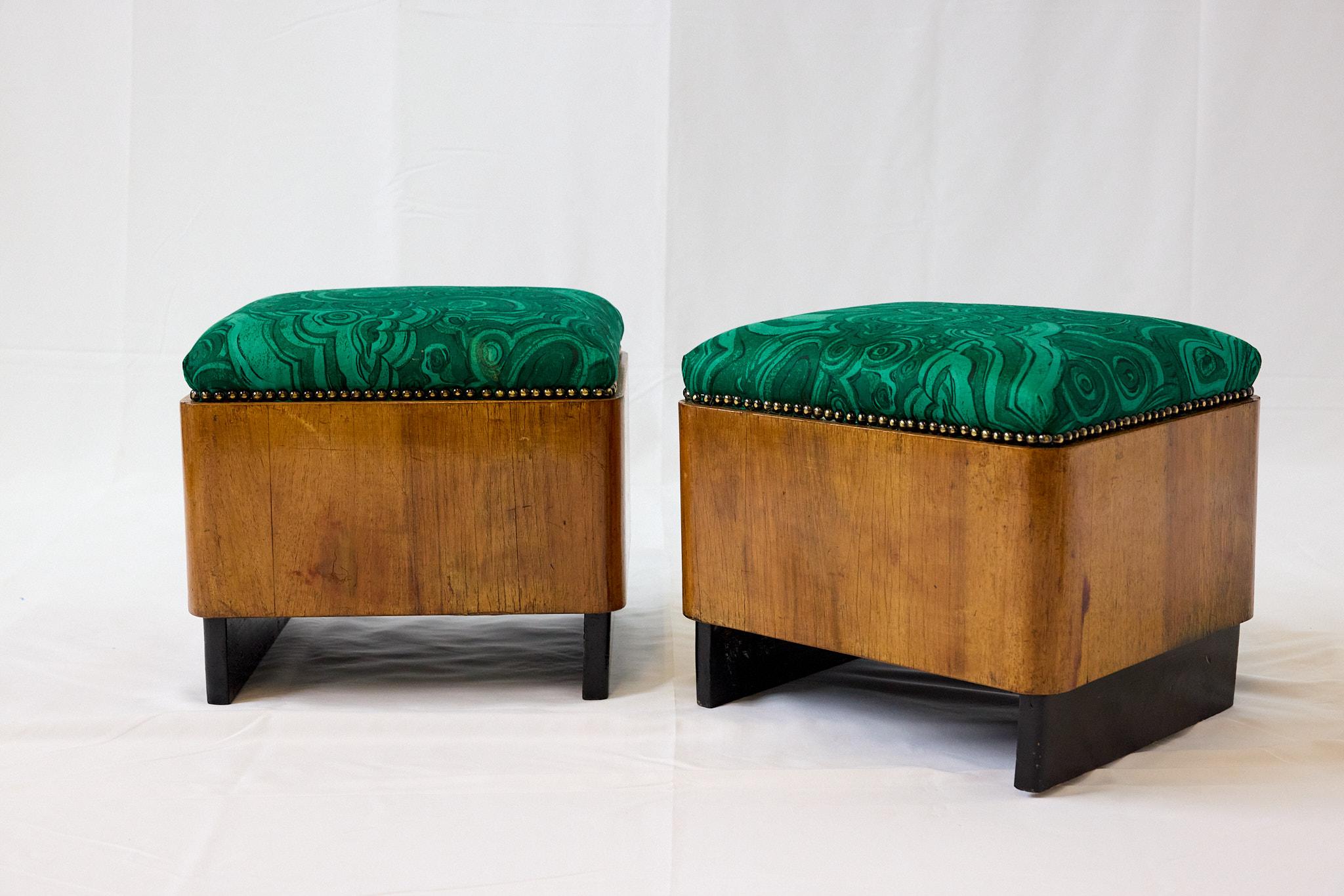 Mid-20th Century Pair of Art Deco Foot Stools of Walnut in Malachite Fabric, c1930s