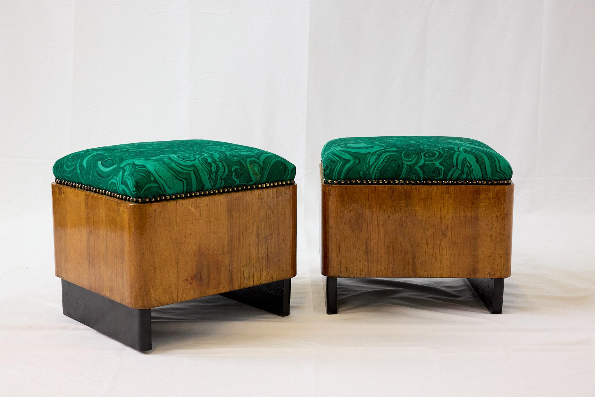 Upholstery Pair of Art Deco Foot Stools of Walnut in Malachite Fabric, c1930s