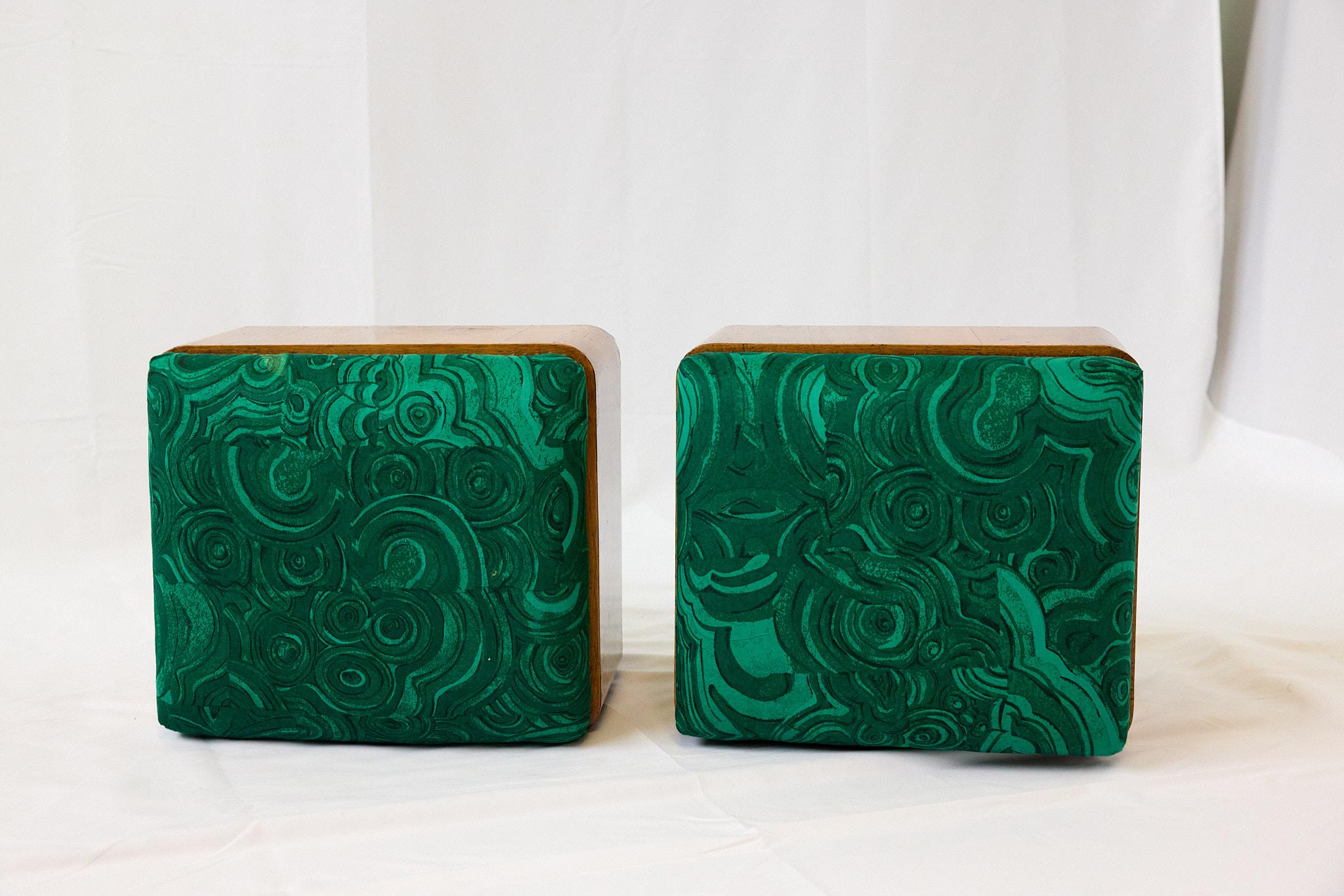 Pair of Art Deco Foot Stools of Walnut in Malachite Fabric, c1930s 1