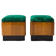Pair of Art Deco Foot Stools of Walnut in Malachite Fabric, c1930s
