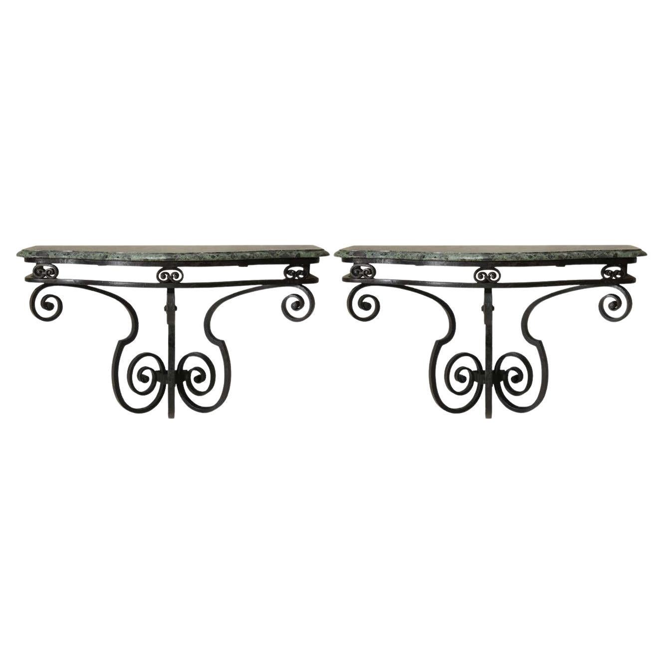 Pair of Art Deco French 1940s Wrought Iron & Green Marble Wall Mounted Consoles For Sale