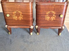 Pair of Art Deco French Bedside Table Cabinets Inlaid with Fruitwood and MOP