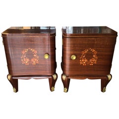 Vintage Pair of Art Deco French Bedside Table Cabinets Inlaid with Fruitwood and MOP