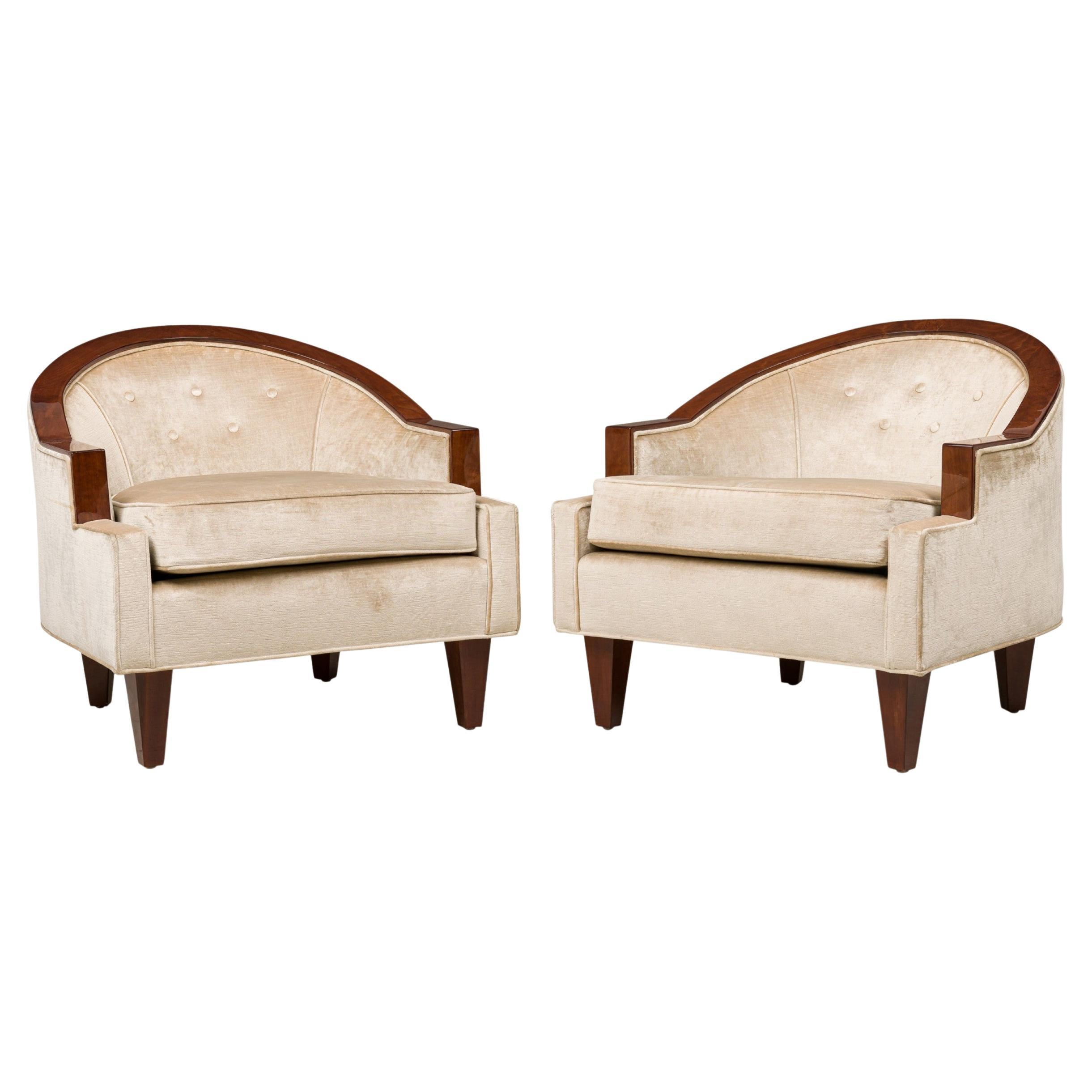 Pair of Art Deco French Beige Upholstered Wooden Tub Chairs with Step Back Arms For Sale