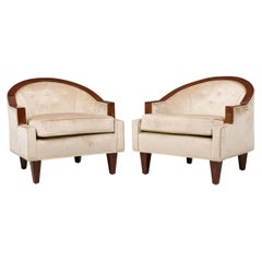 Pair of Art Deco French Beige Upholstered Wooden Tub Chairs with Step Back Arms