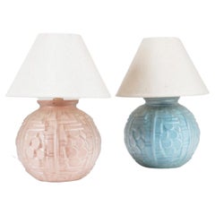 Antique Pair of Art Deco French Blue and Pink Table Lamps