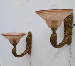 Pair of Art Deco French Bronze Sconces with Moulded Glass Shades, France