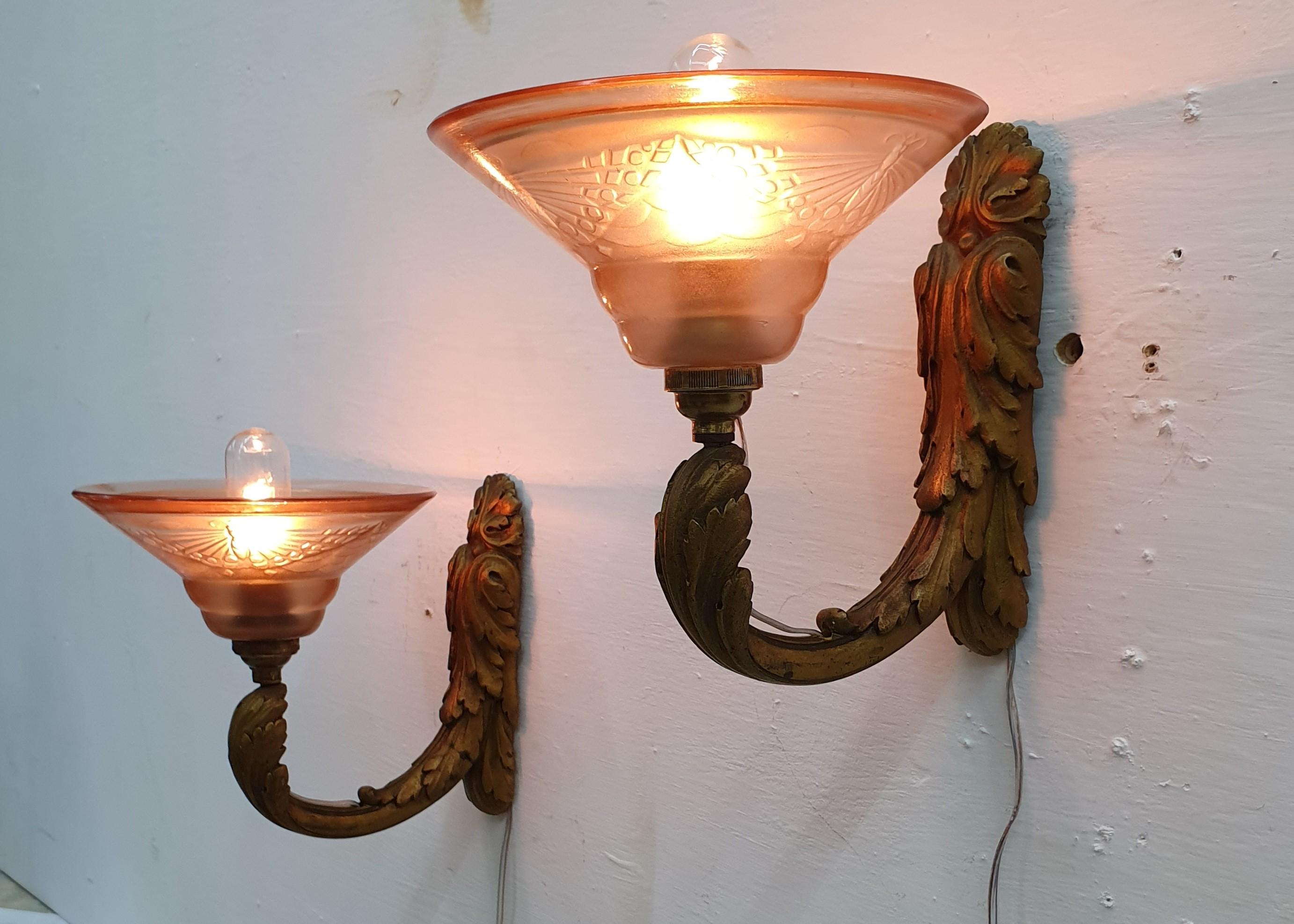 Gilt Pair of Art Deco French Bronze Sconces with Moulded Glass Shades, France For Sale