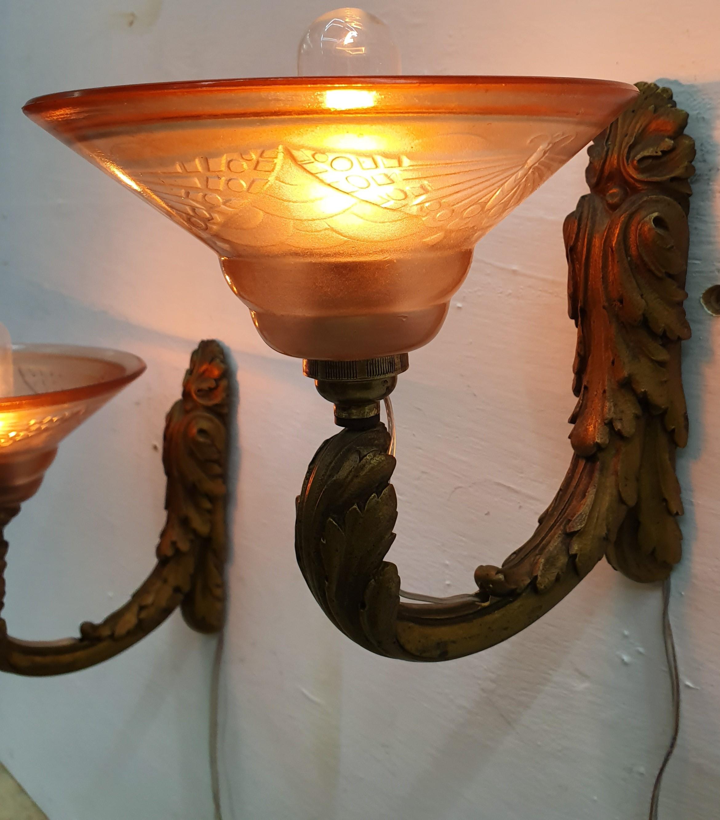 Pair of Art Deco French Bronze Sconces with Moulded Glass Shades, France For Sale 2