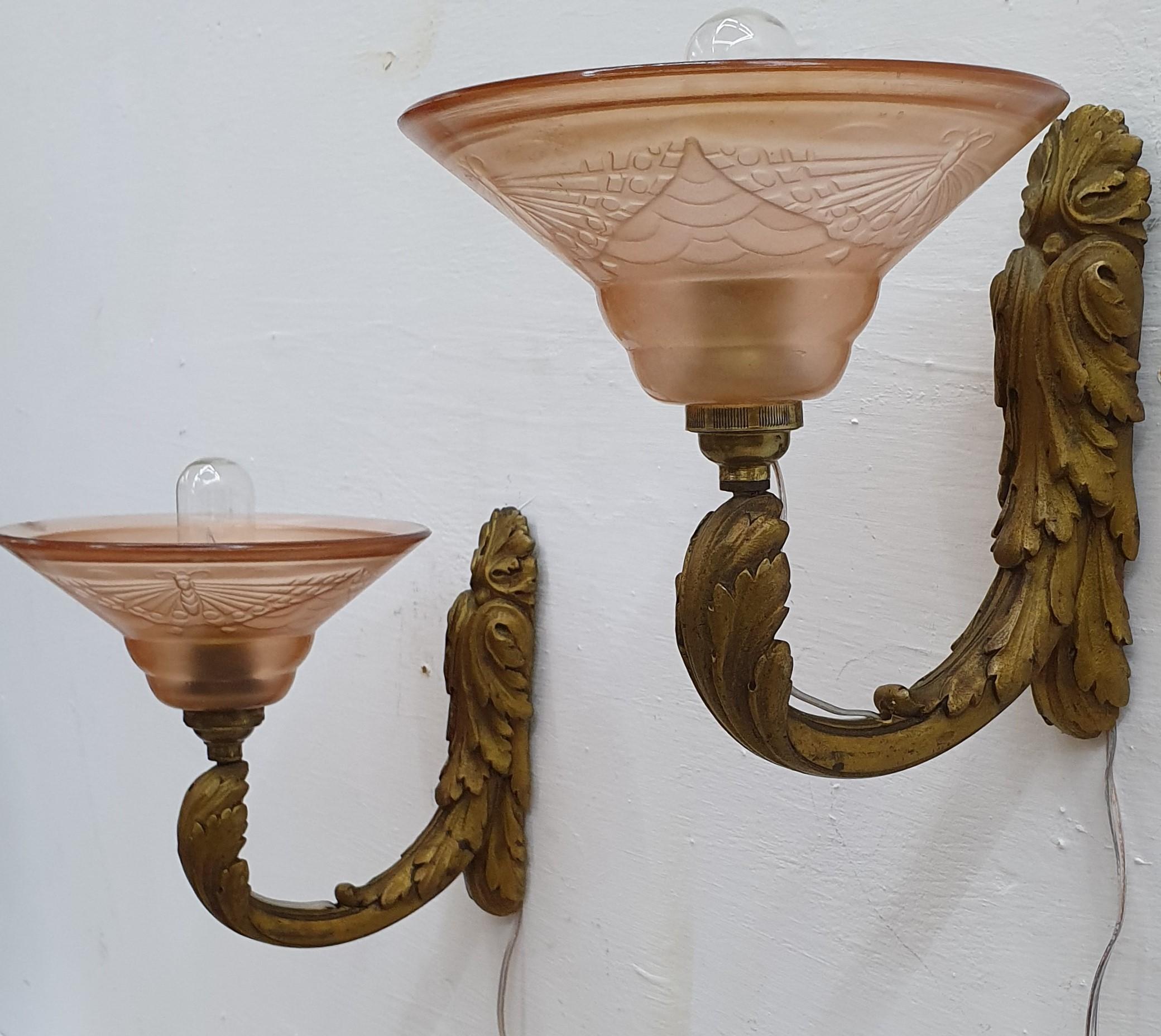 Pair of Art Deco French Bronze Sconces with Moulded Glass Shades, France For Sale 3