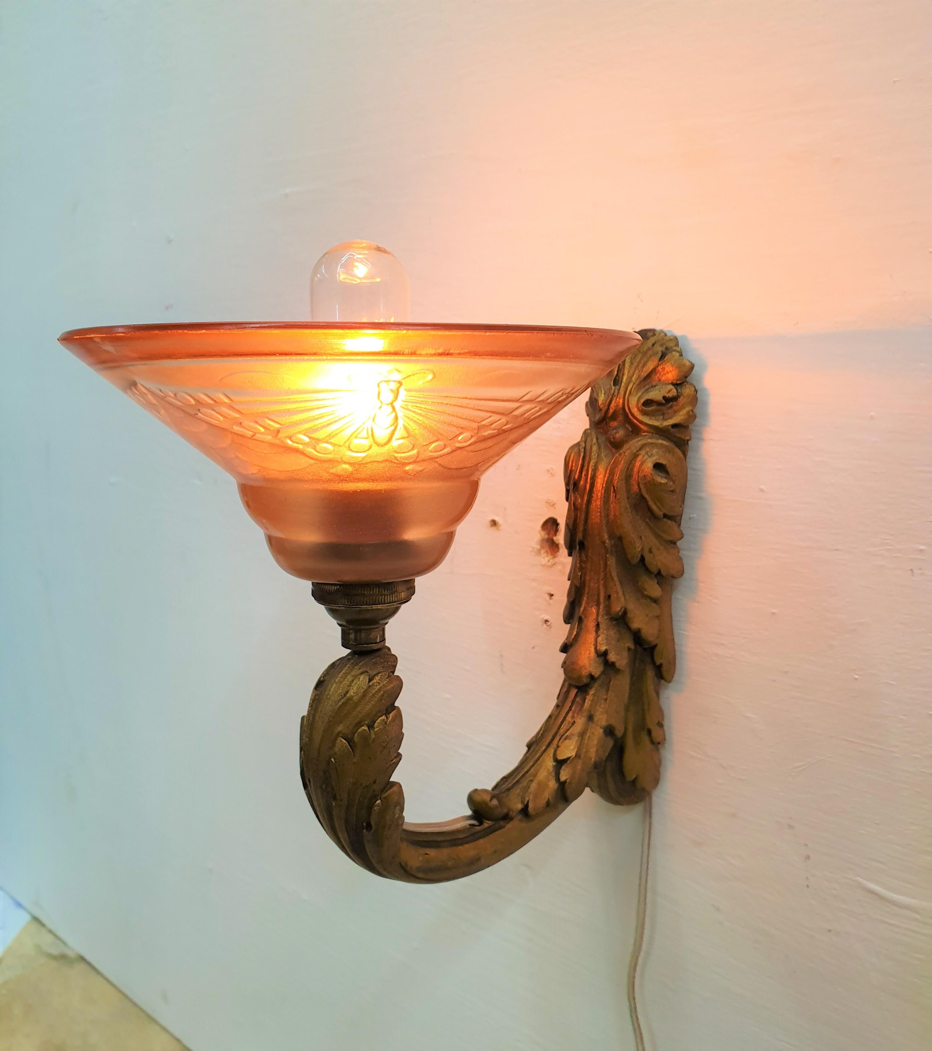 Pair of Art Deco French Bronze Sconces with Moulded Glass Shades, France For Sale 4