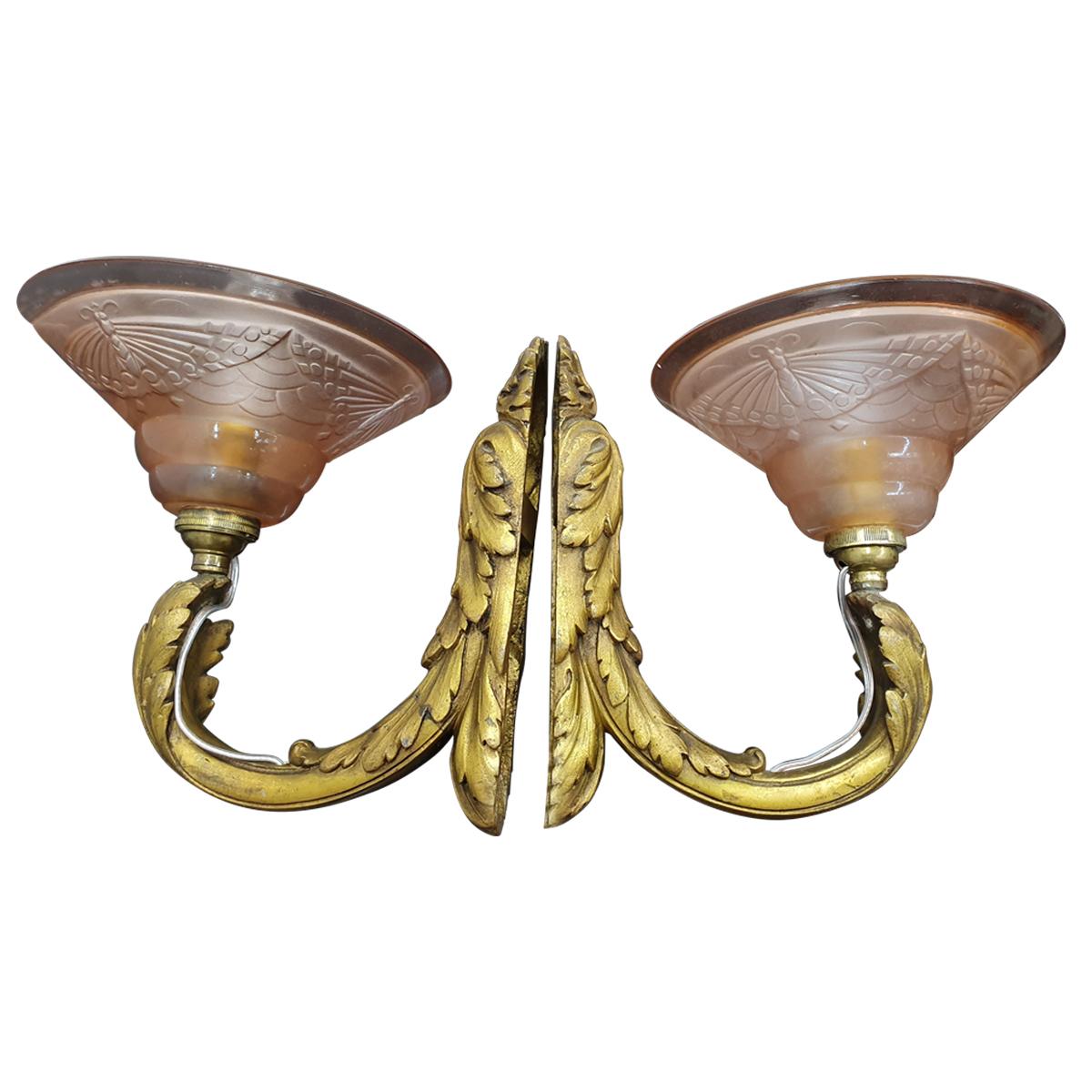 Pair of Art Deco French Bronze Sconces with Moulded Glass Shades, France