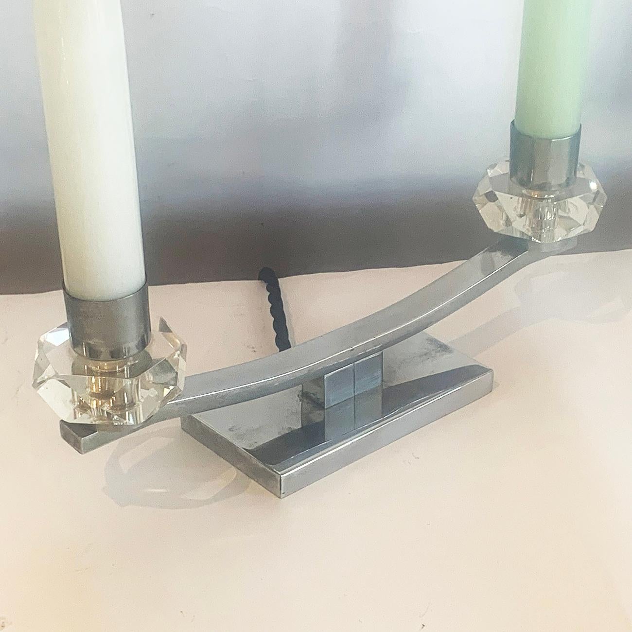 Art Deco pair of French lamps in chrome, each with pair of glass “Candles” in white and pale green milk glass. These are an amazing design, each with Manufacture Marks to the base, “FABRICATION FRANCAISE” within a circle, all surrounding “P.L.” the