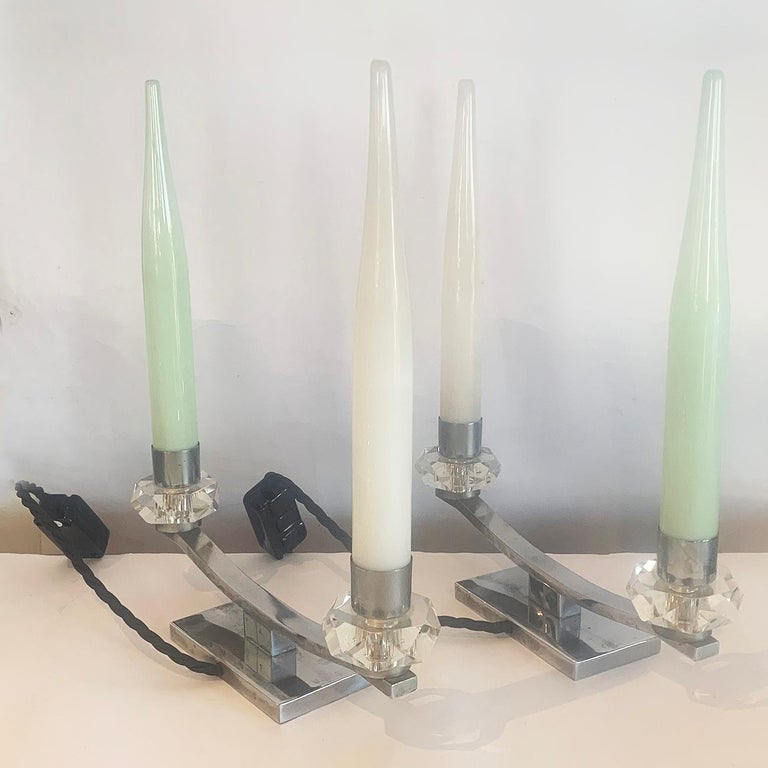 Mid-20th Century Pair of Art Deco French Candle Lamps For Sale