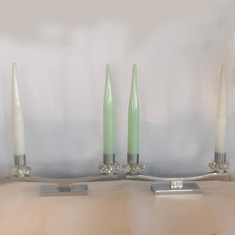 Glass Pair of Art Deco French Candle Lamps For Sale