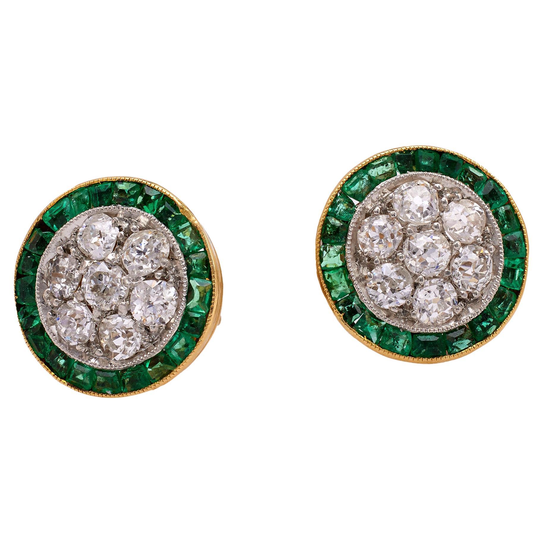 Pair of Art Deco French Diamond and Emerald Stud Earrings For Sale at