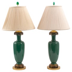 Pair of Art Deco French Green Glass Lamps