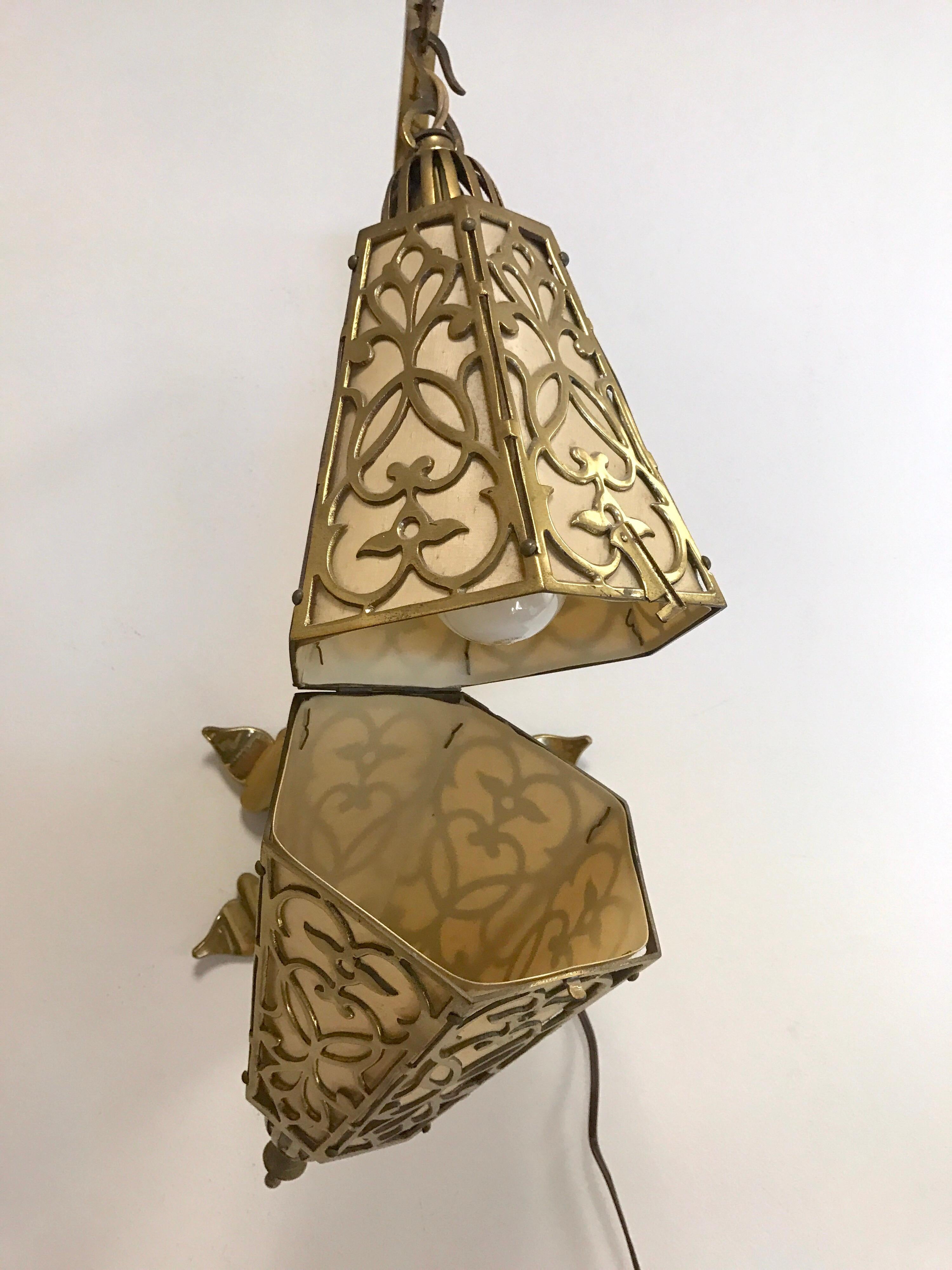 Pair of Art Deco French Latticed Brass Hanging Lanterns Sconces 2