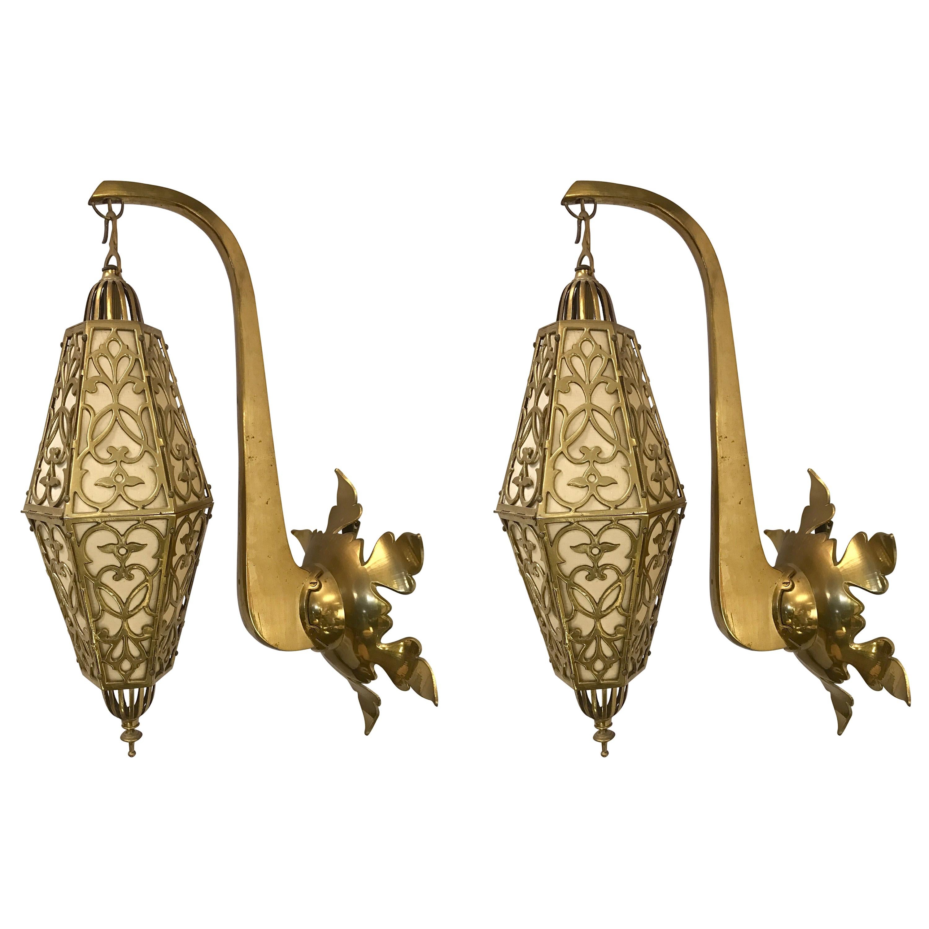 Pair of Art Deco French Latticed Brass Hanging Lanterns Sconces