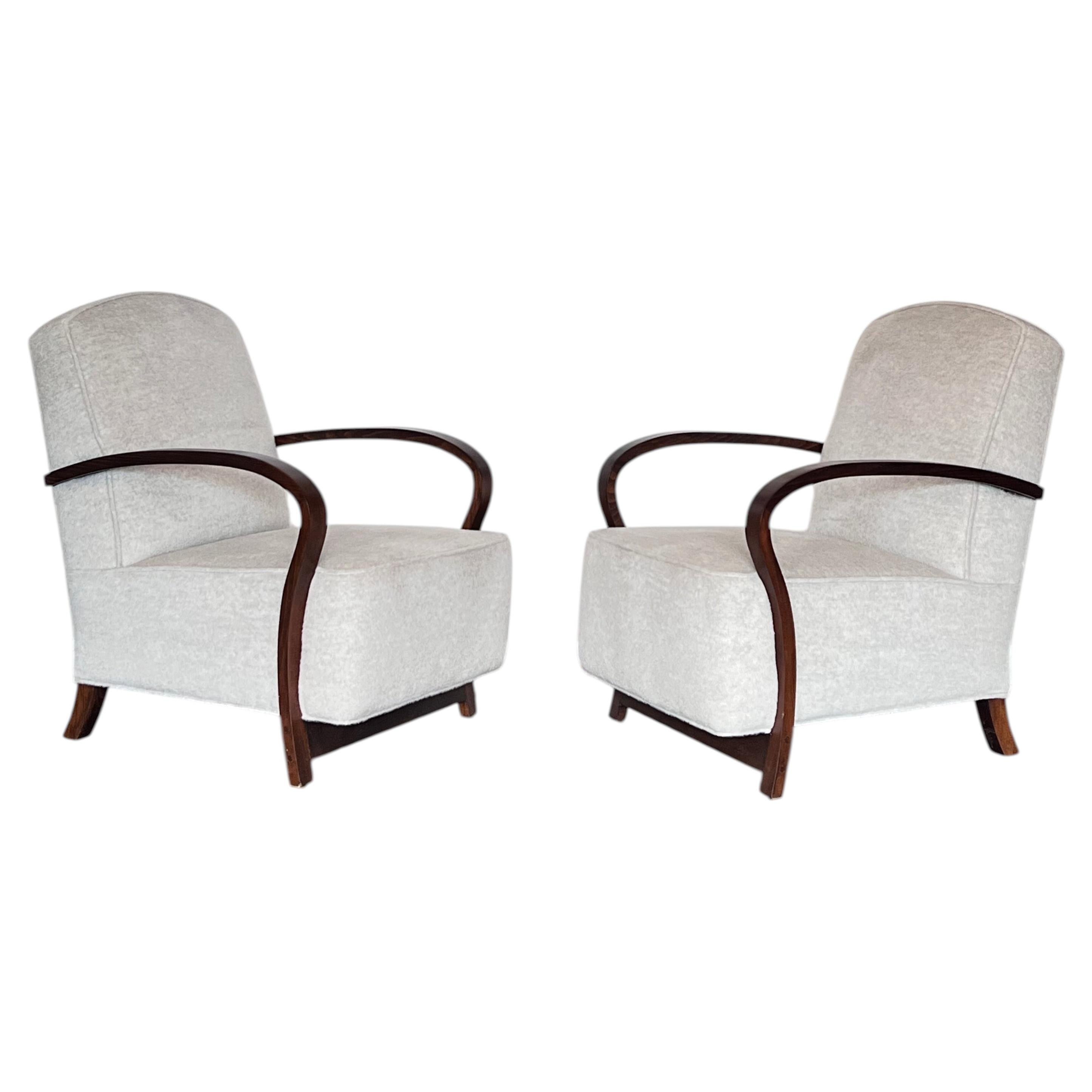 Pair of Art Deco French Lounge Chairs in Walnut and Alpaca Upholstery, c. 1930’s