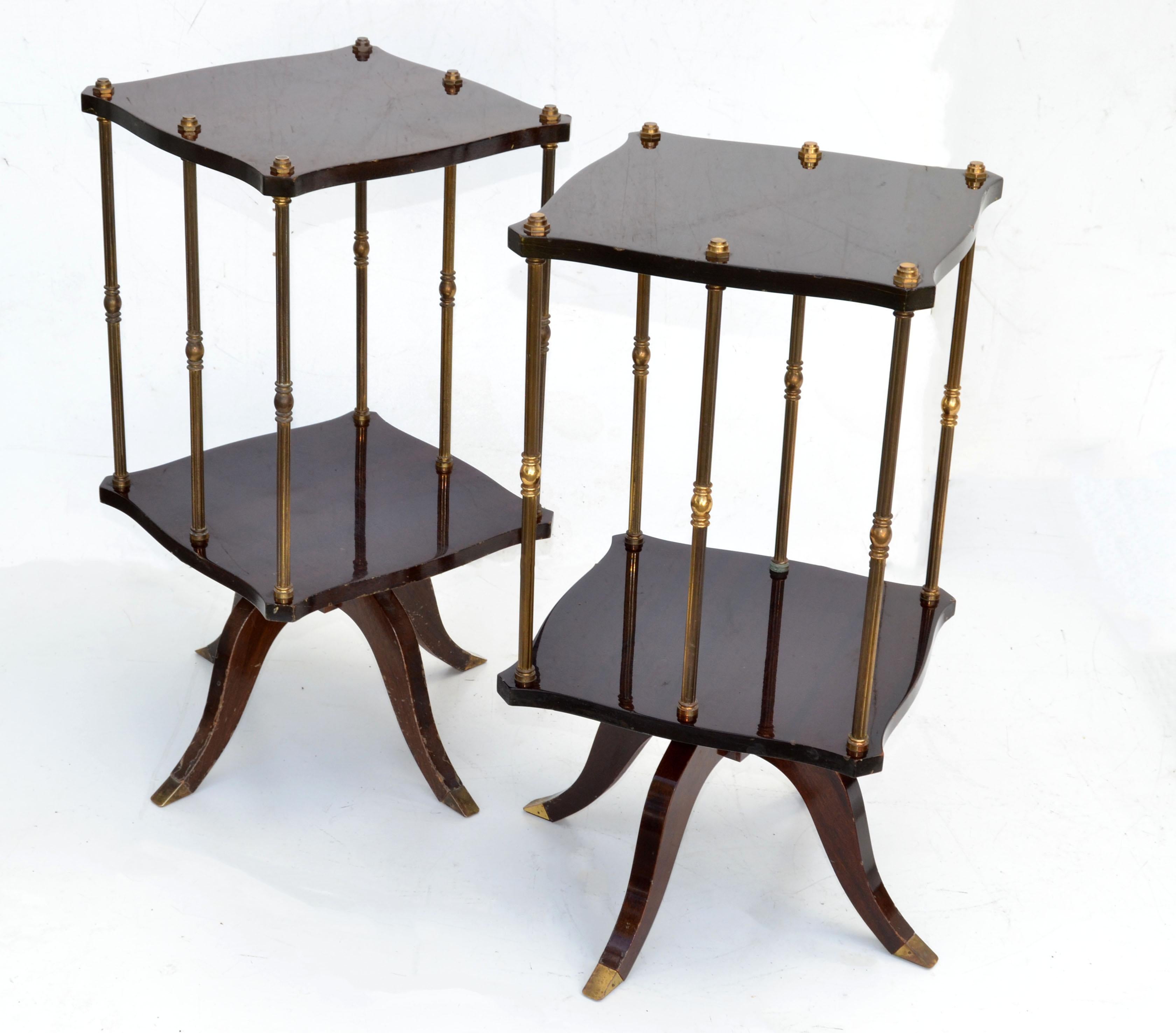 Pair of Art Deco French Mahogany & Brass Swivel Drink, Sofa, Side Tables 1950 7
