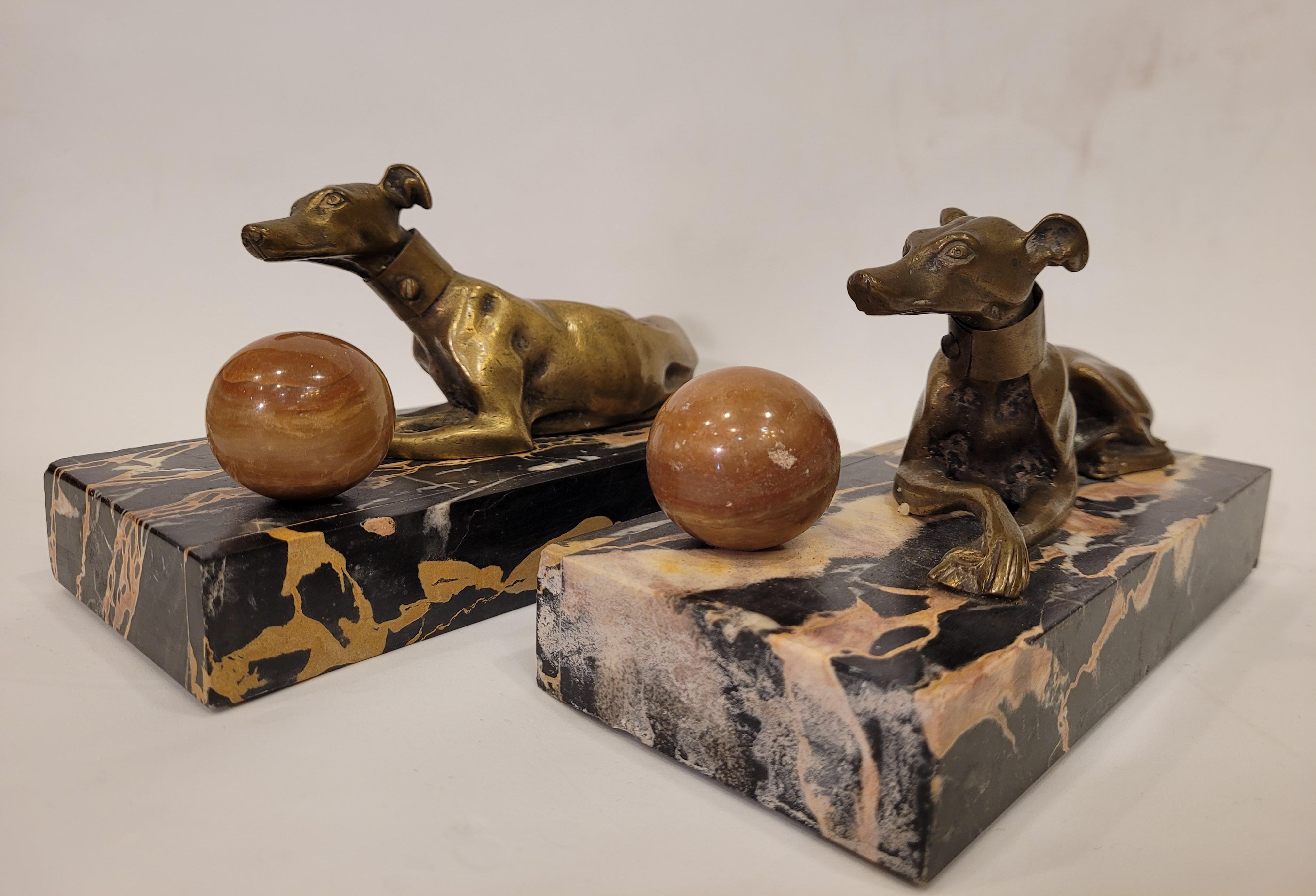 Pair of Art Deco French Marble Bookends, Greyhounds Sculpture 14