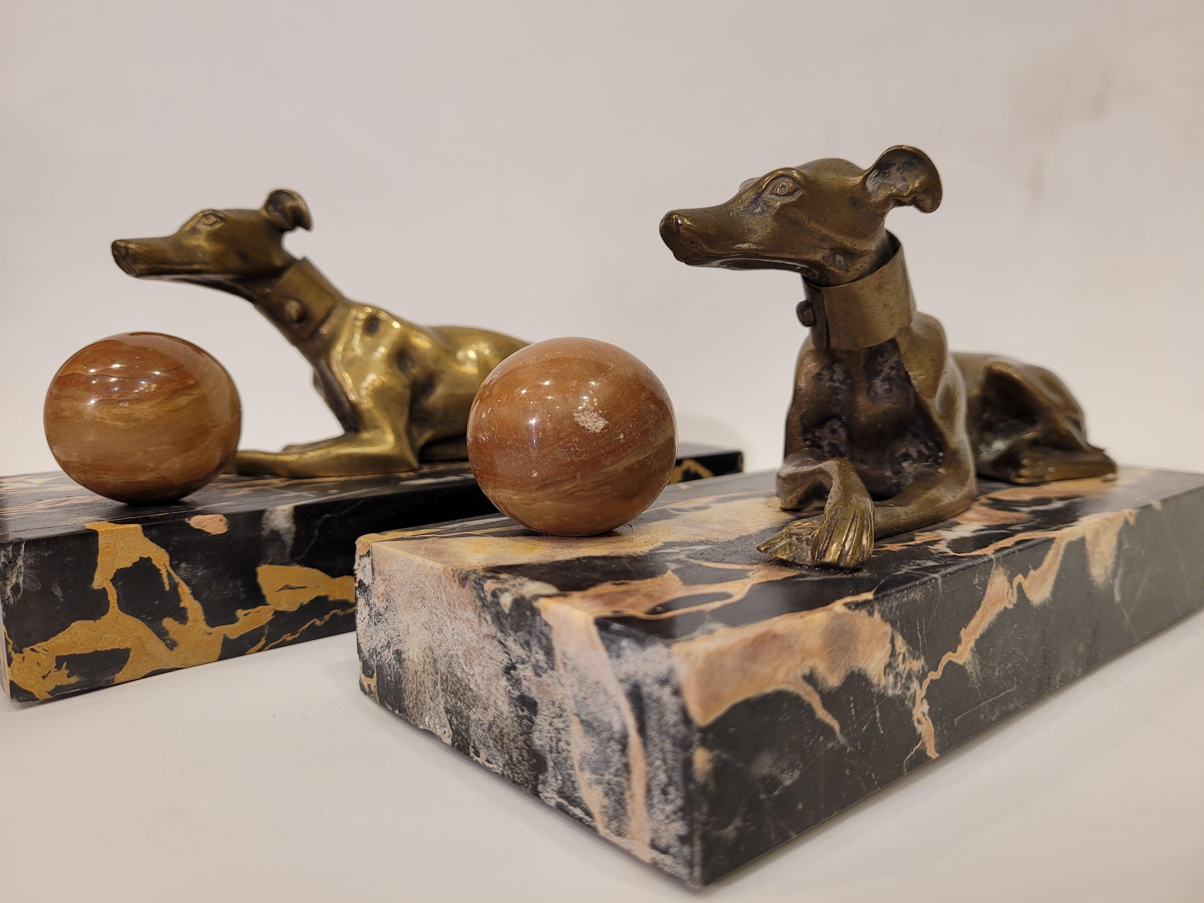 Mid-20th Century Pair of Art Deco French Marble Bookends, Greyhounds Sculpture