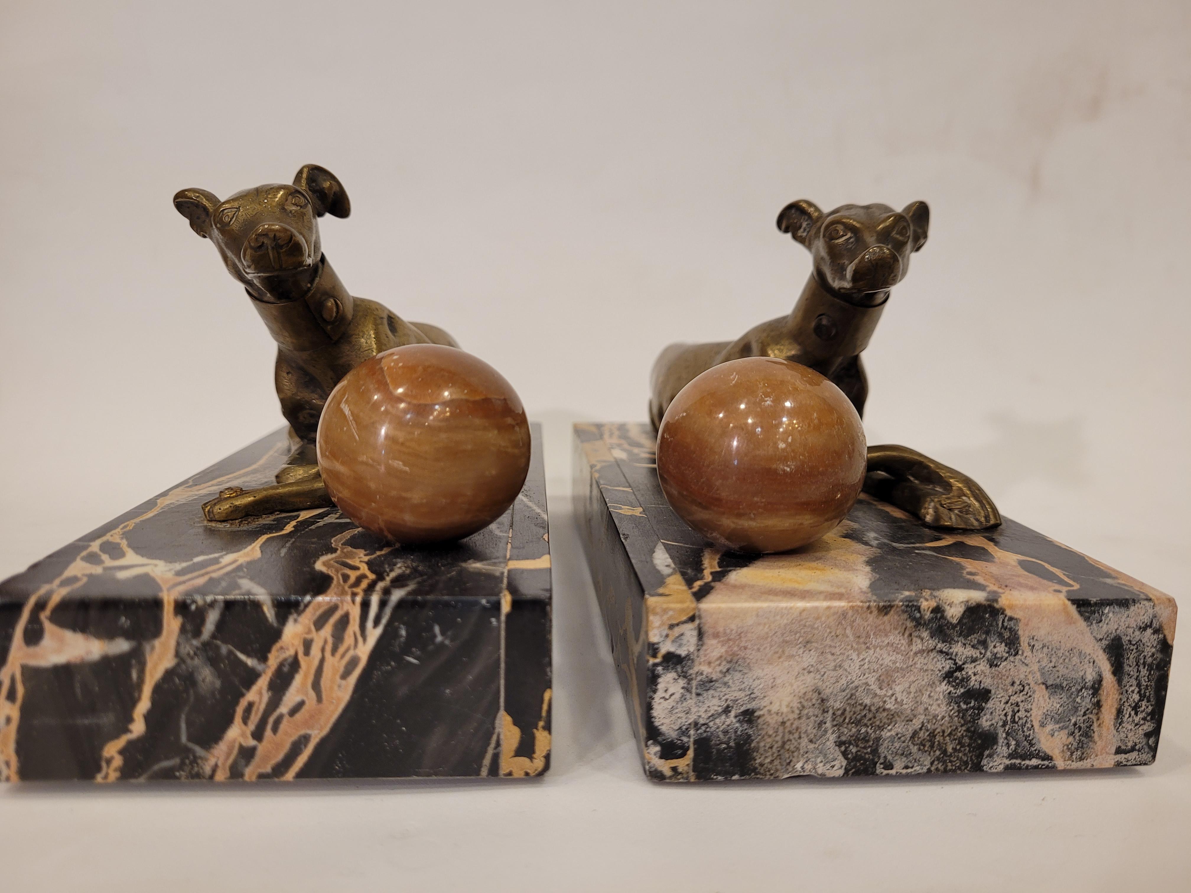 Bronze Pair of Art Deco French Marble Bookends, Greyhounds Sculpture