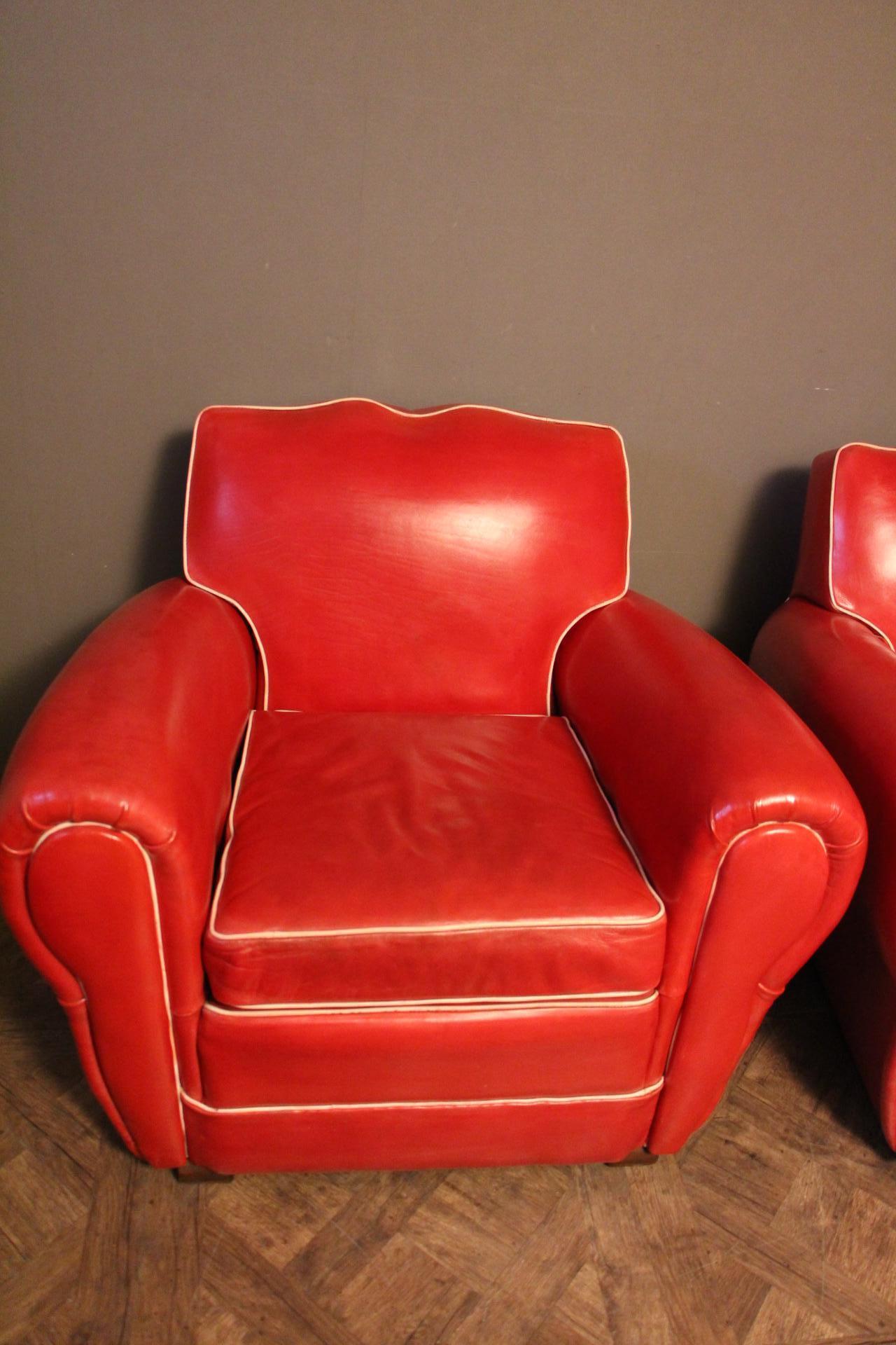 Mid-20th Century Pair of Art Deco French Mustache Back Club Chairs in Red Leather