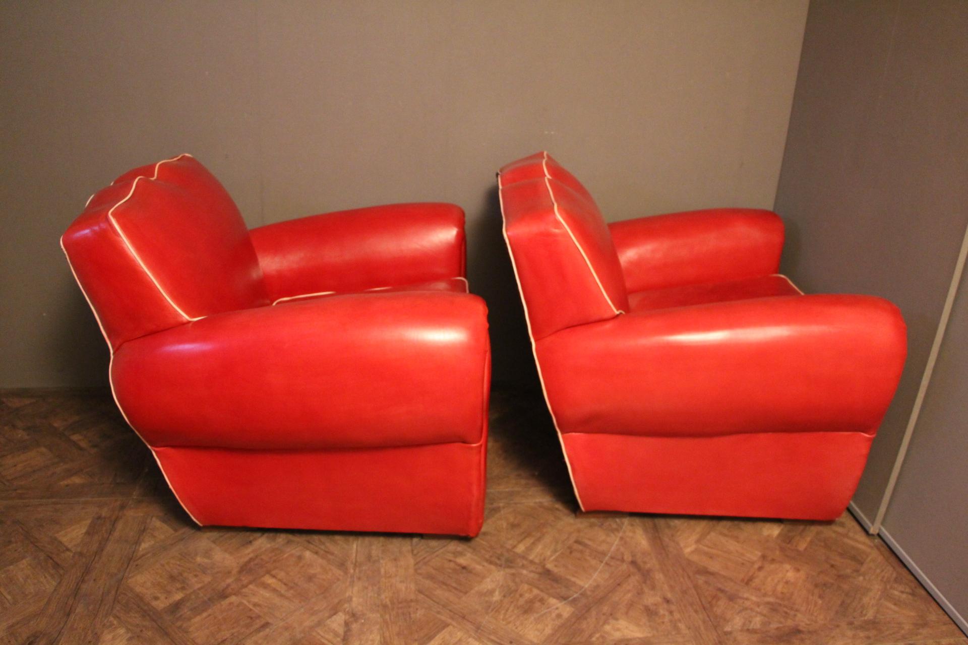 Pair of Art Deco French Mustache Back Club Chairs in Red Leather 1