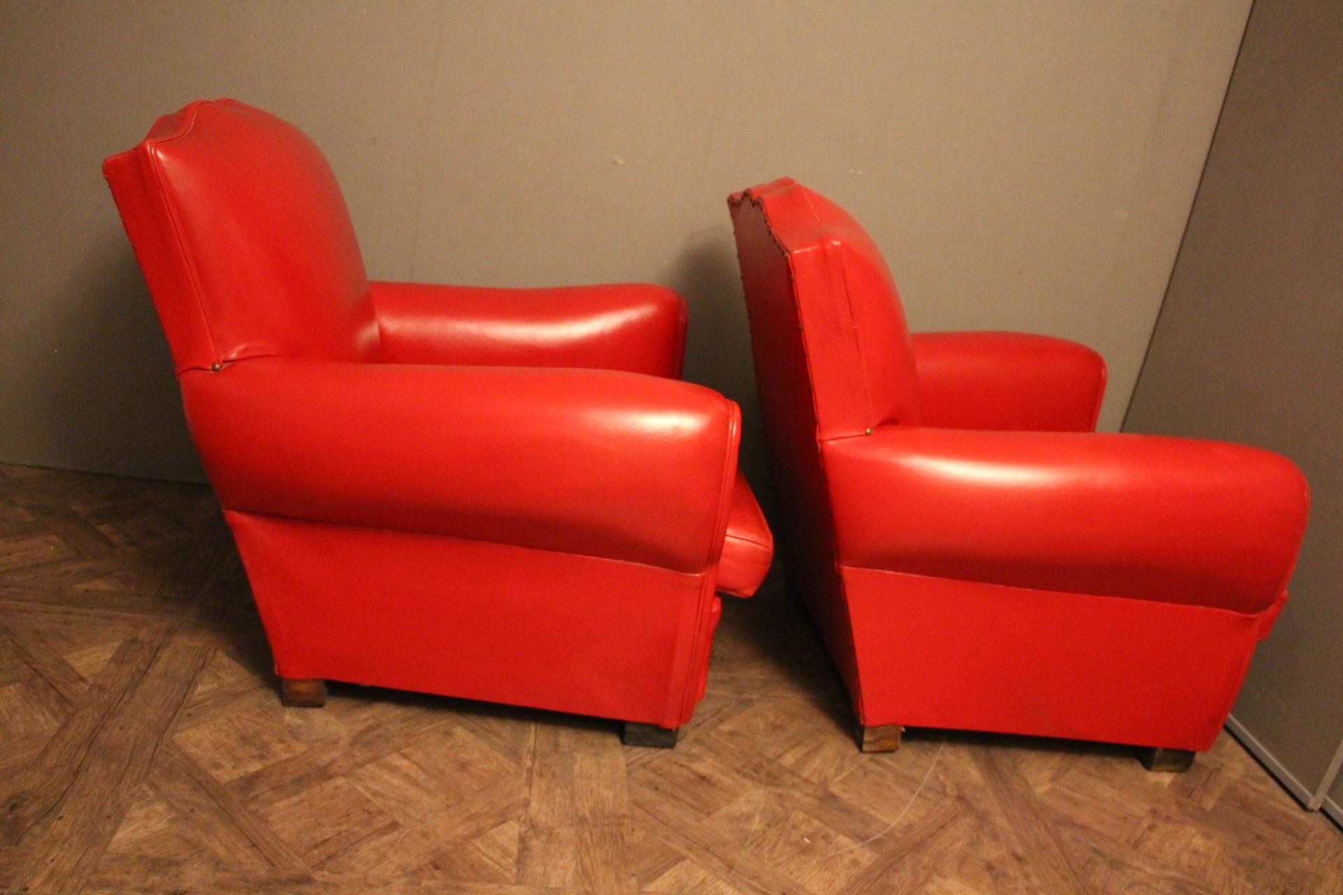 Paire de fauteuils club Art Déco français à dossier moutarde en cuir rouge Bon état - En vente à Saint-Ouen, FR