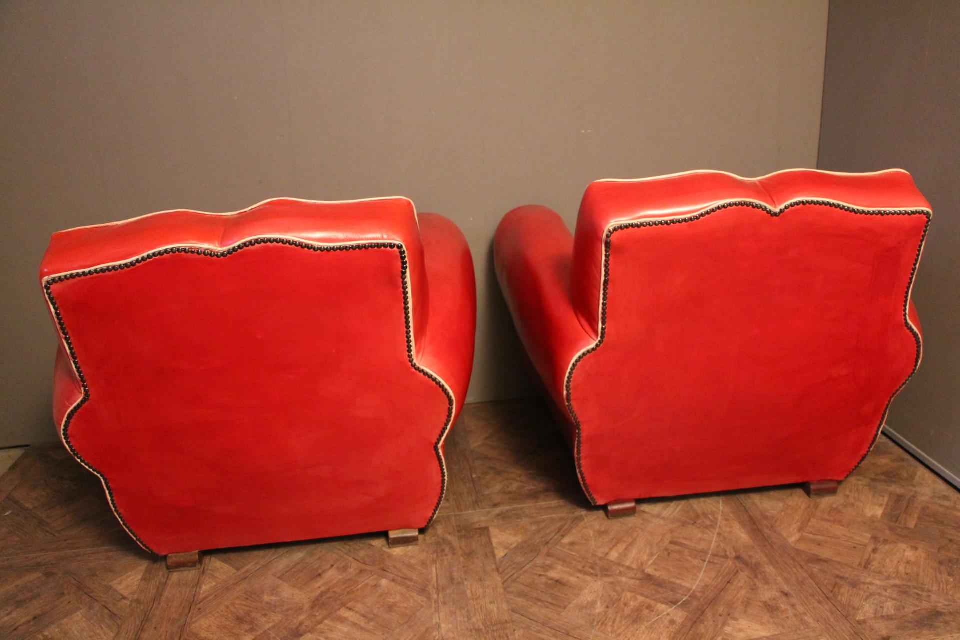 Pair of Art Deco French Mustache Back Club Chairs in Red Leather 2