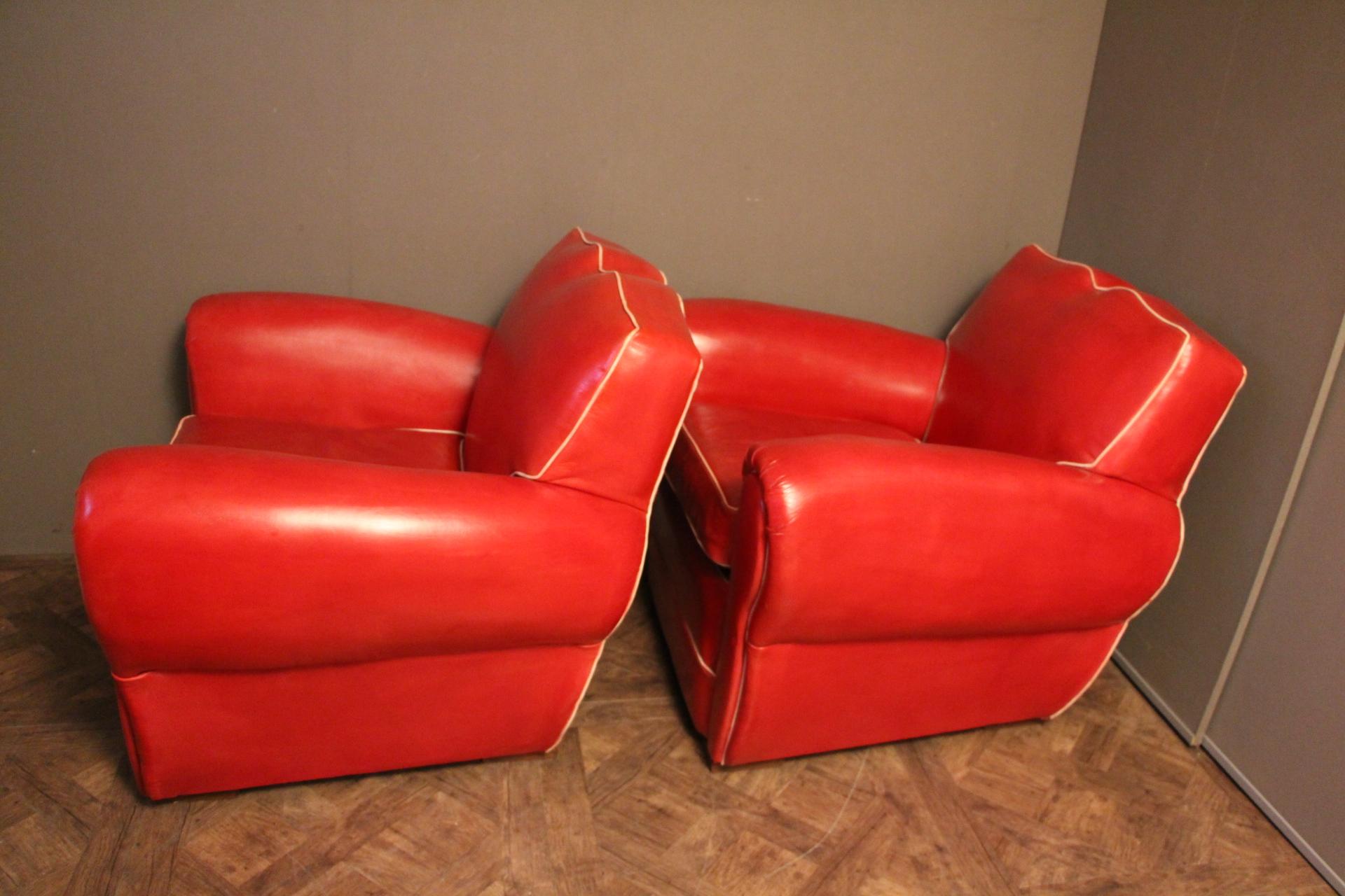 Pair of Art Deco French Mustache Back Club Chairs in Red Leather 3
