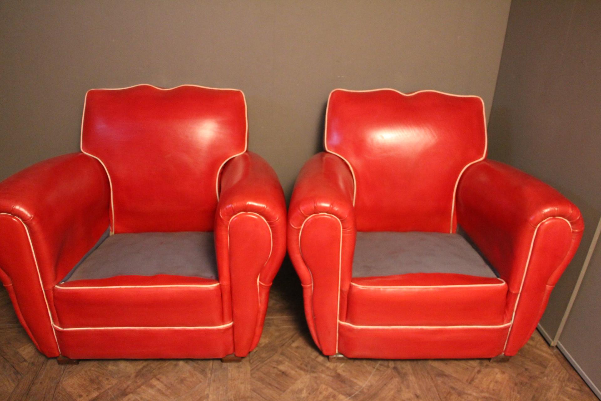 Pair of Art Deco French Mustache Back Club Chairs in Red Leather 4