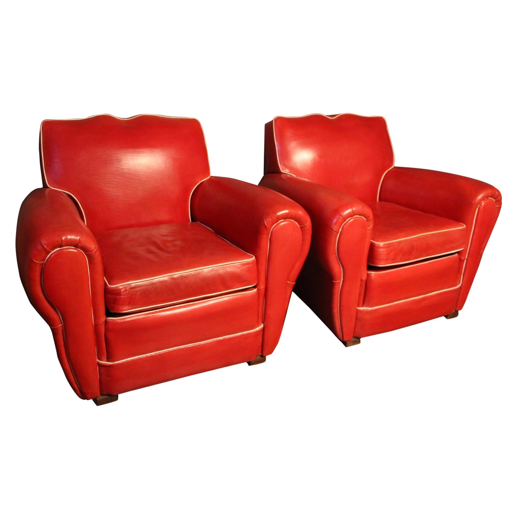 Pair of Art Deco French Mustache Back Club Chairs in Red Leather