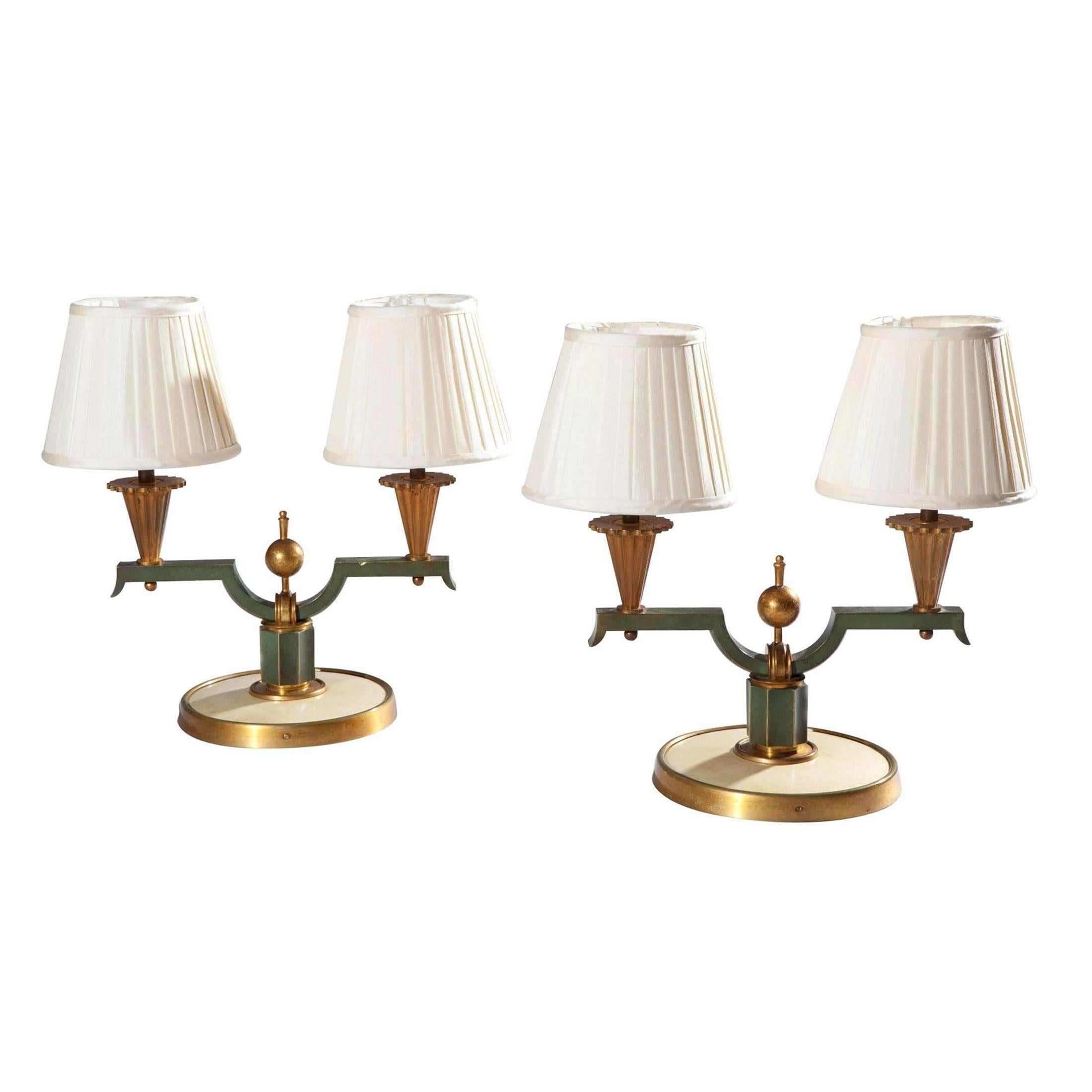 20th Century Pair of Art Deco French Patinated and Gilded Bronze Table Lamps Genet et Michon For Sale