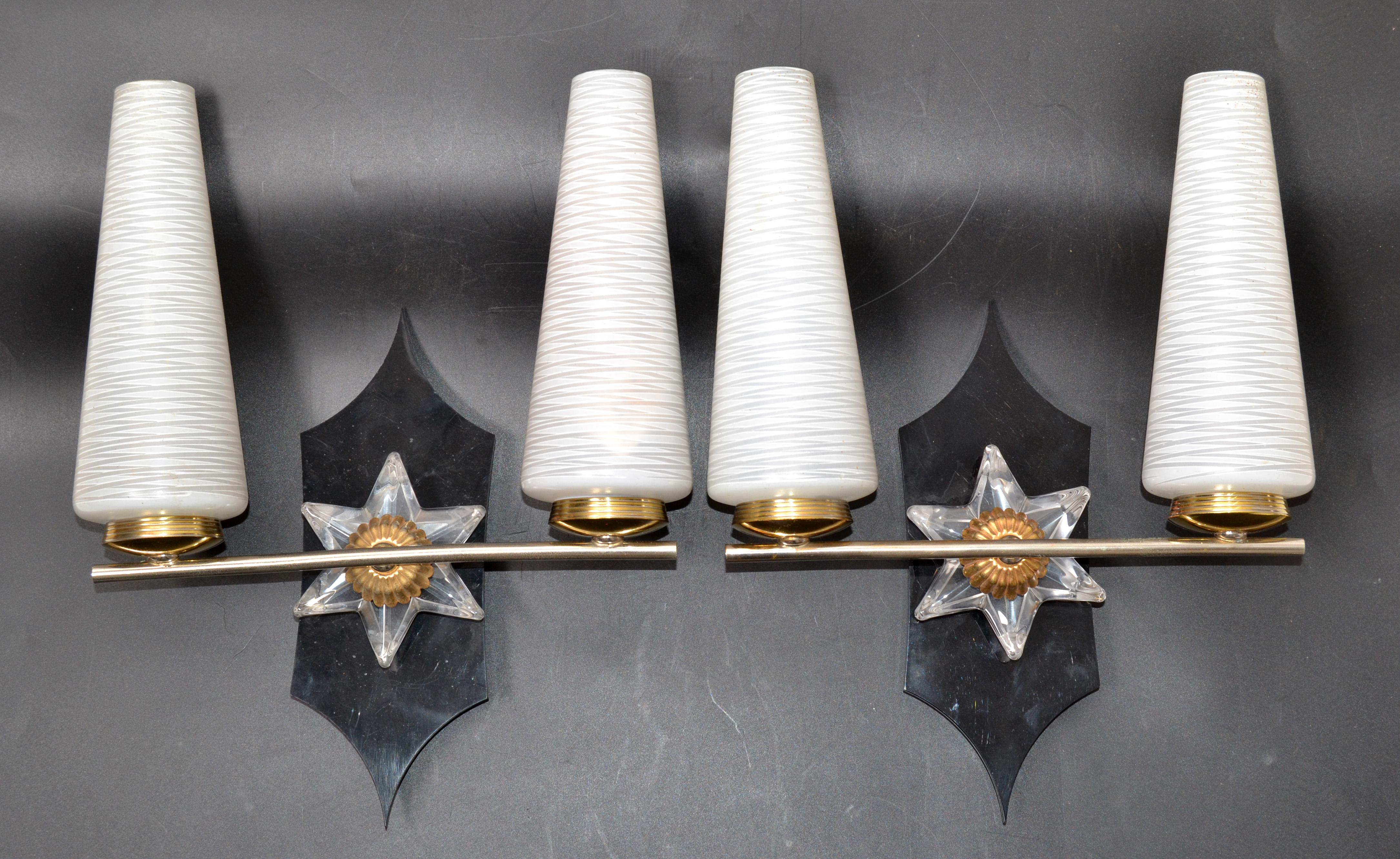 20th Century Pair of Art Deco French Sconces in Brass, Bakelite & Blown Opaline Glass Shades For Sale