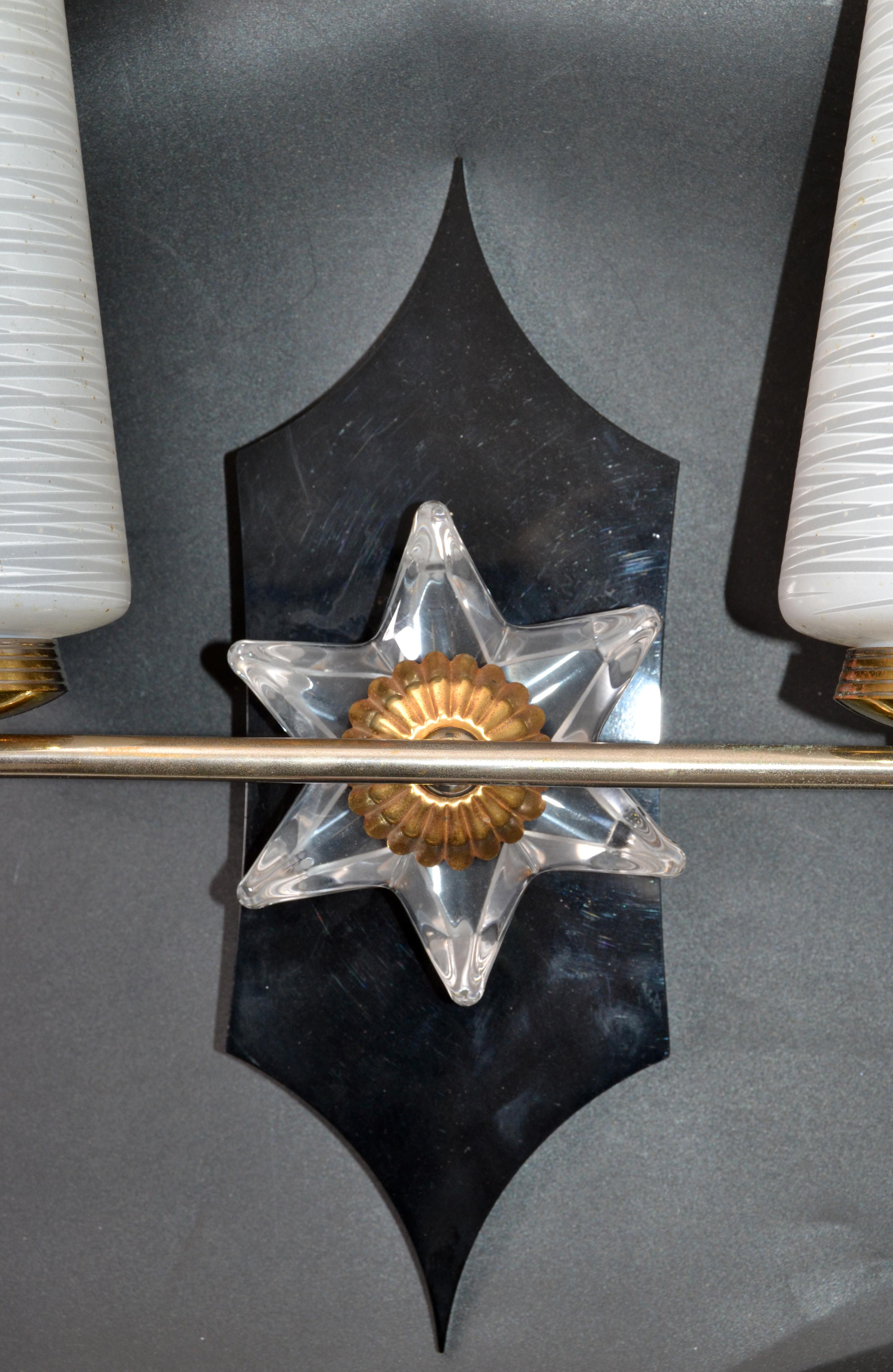 Pair of Art Deco French Sconces in Brass, Bakelite & Blown Opaline Glass Shades For Sale 3