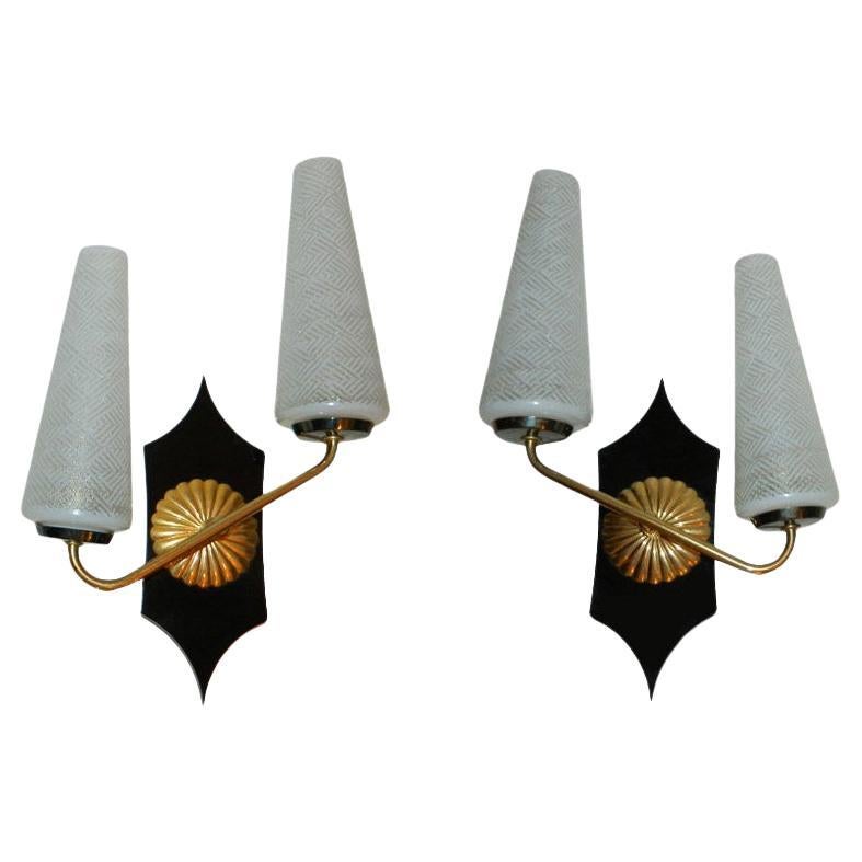 Pair of Art Deco French Sconces in Brass, Bakelite & Blown Opaline Glass Shades