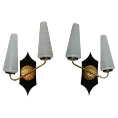 Pair of Art Deco French Sconces in Brass, Bakelite & Blown Opaline Glass Shades