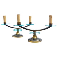 Pair of Art Deco French Table Lamps, Brass and Glass, 1930s